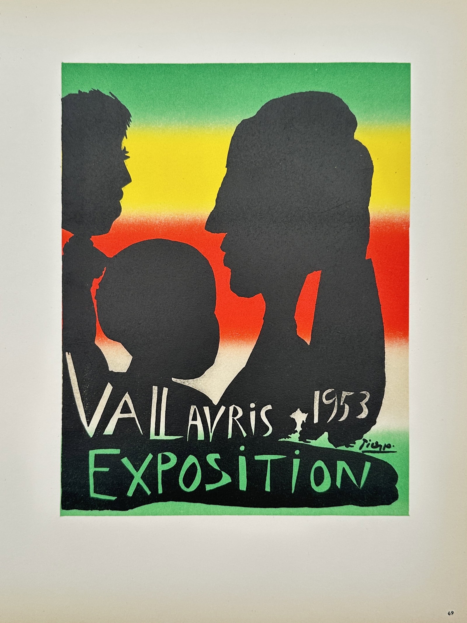 Pablo Picasso, after – Vallauris Exposition 1953 – Offset Lithograph (20th Century): "Vallauris Exposition 1953" presents an exhibition poster depicting silhouetted profile figures set against vibrant bands of green, yellow, and red color alongside stylized lettering. The print serves
