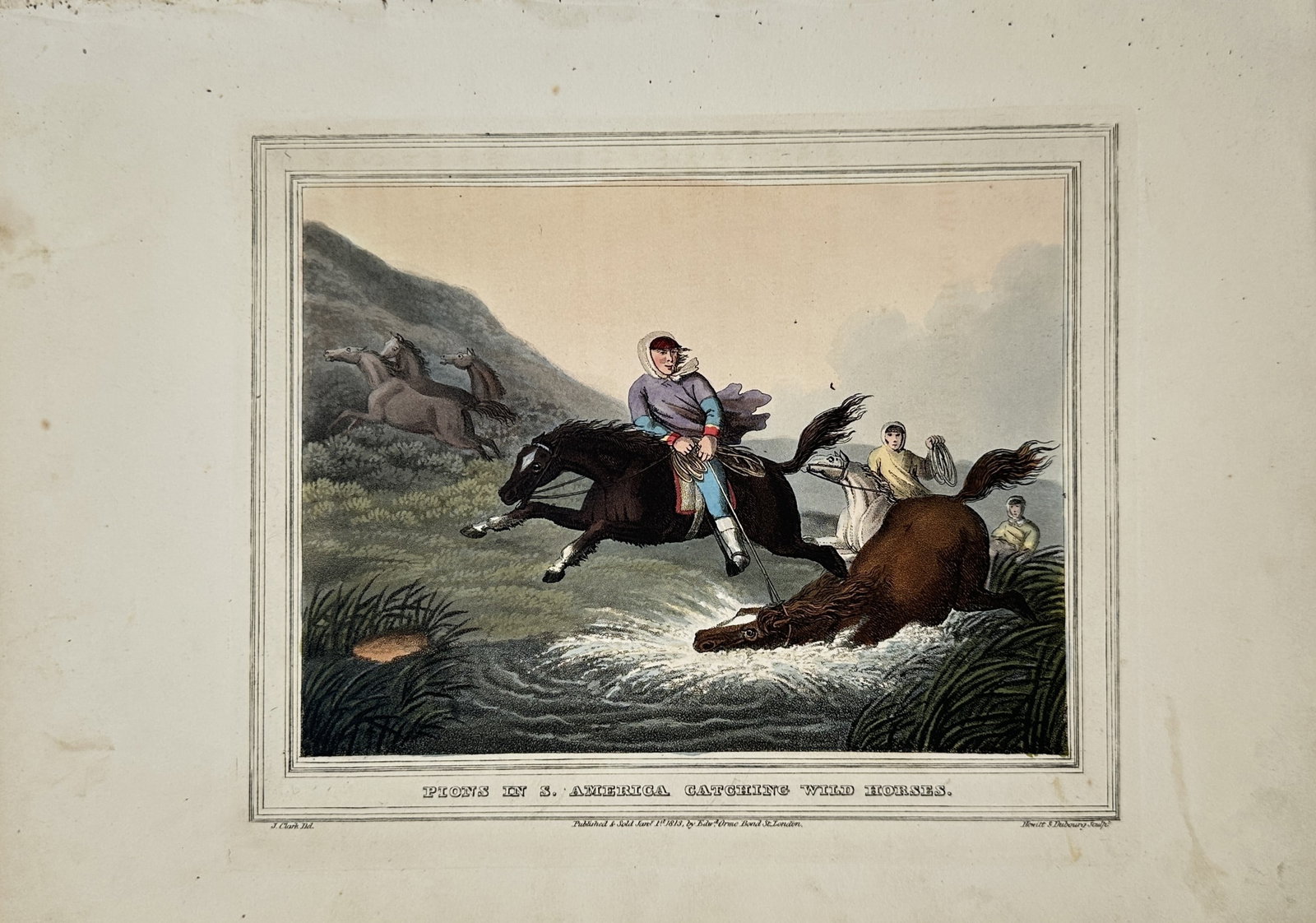 John Heaviside Clark – Peons in S. America Catching Wild Horses – Aquatint (1813): "Peons in S. America Catching Wild Horses" presents an ethnographic and sporting study illustrating equestrian horsemen pursuing and capturing wild horses across a river in a rugged South American lan