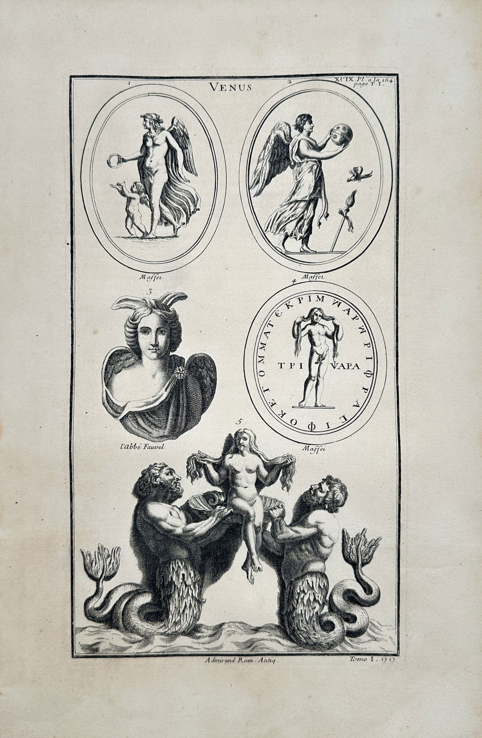 Bernard de Montfaucon – Classical Depictions of Venus – Engraving (18th Century): "Classical Depictions of Venus" presents an archaeological study illustrating various classical depictions, medallions, and mythological figures associated with the goddess Venus, including winged fig