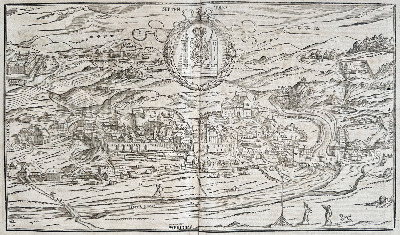 Sebastian Münster – Map of Plauen – Germany – Woodcut (16th Century): "True Representation of Plauen Capital of Nariscia" presents a cartographic and topographical study illustrating a panoramic bird's-eye view of the walled city of Plauen along the Elster River with a 