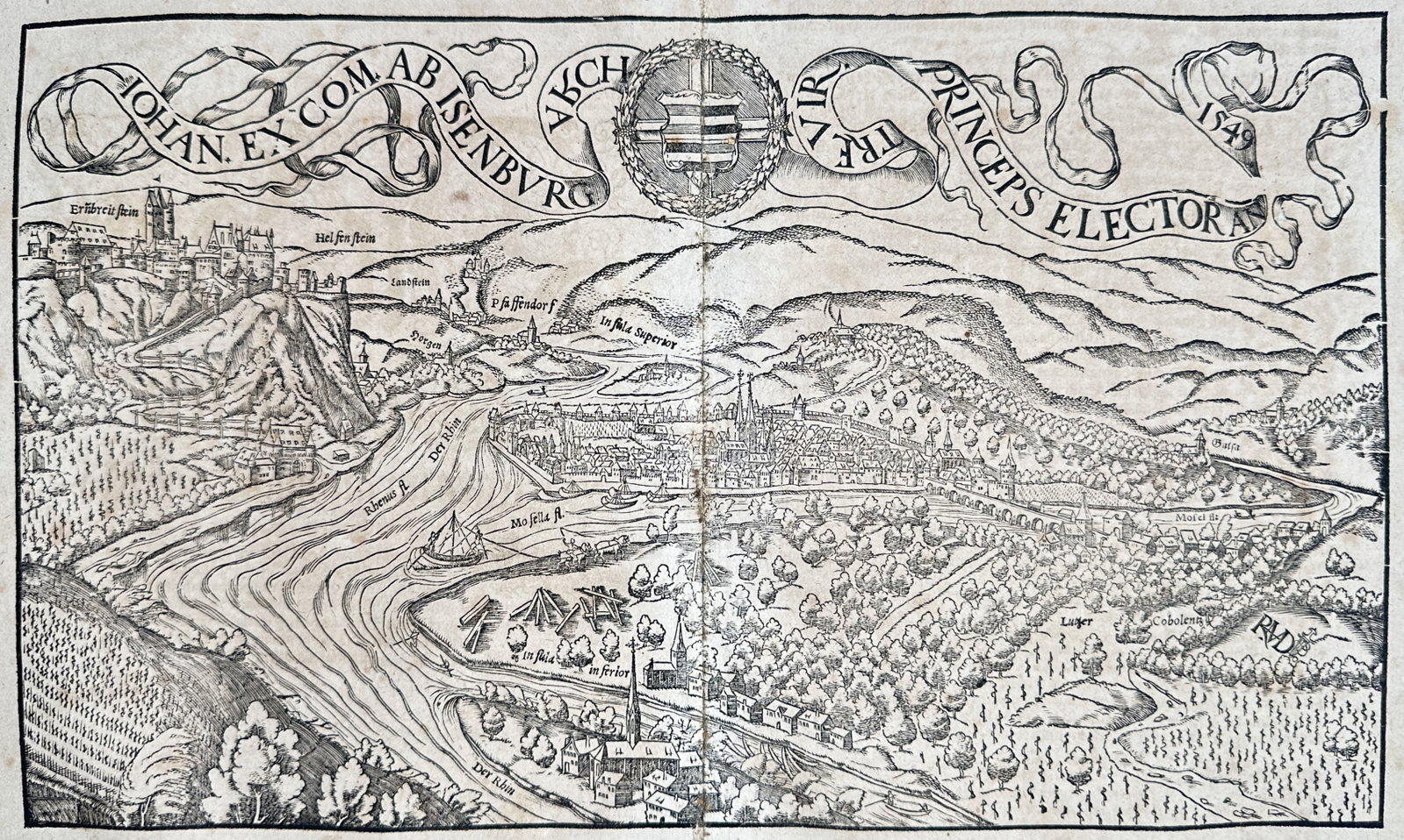 Sebastian Münster – Map of Koblenz – Germany – Woodcut (16th Century): "True Representation of the City of Koblenz on the Rhine and Moselle" presents a cartographic and topographical study illustrating a panoramic view of Koblenz at the confluence of the Rhine and Mosell