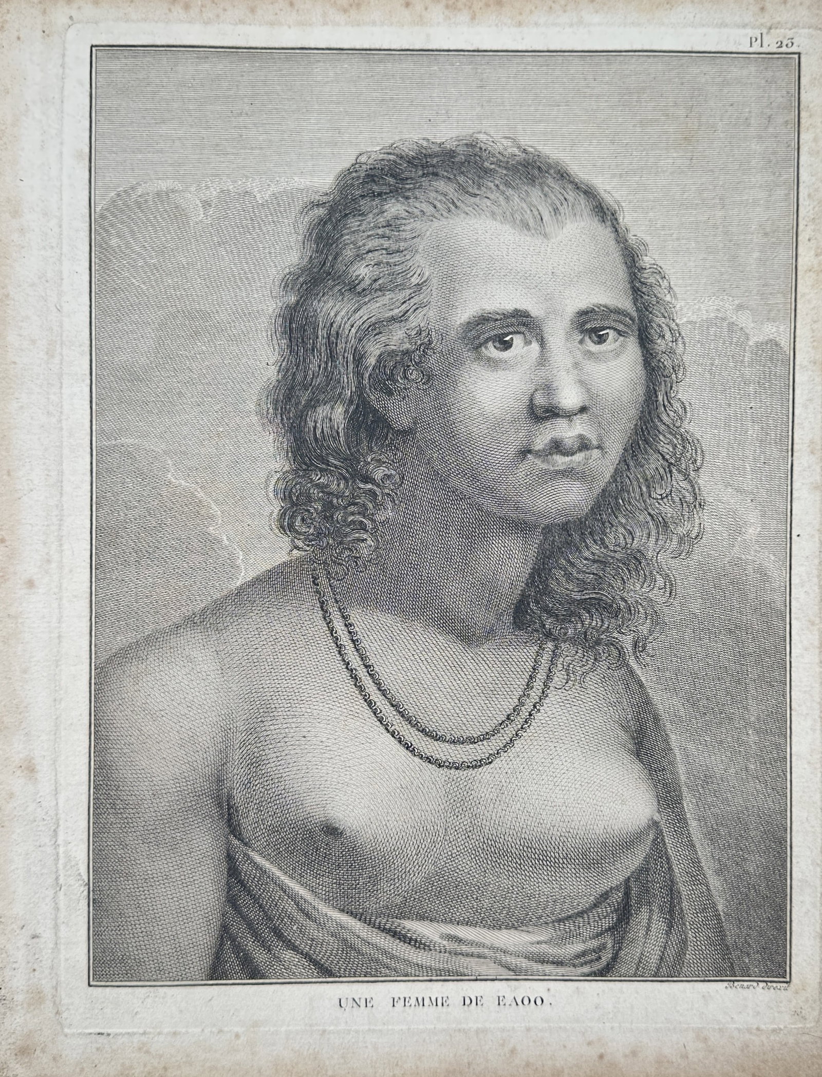 John Webber – Woman of Eaoo – Engraving (18th Century): "Woman of Eaoo" presents an ethnographic portrait illustrating a young Polynesian woman from the island of Eua wearing a double-strand necklace and draped garment set within a simple border line. The 