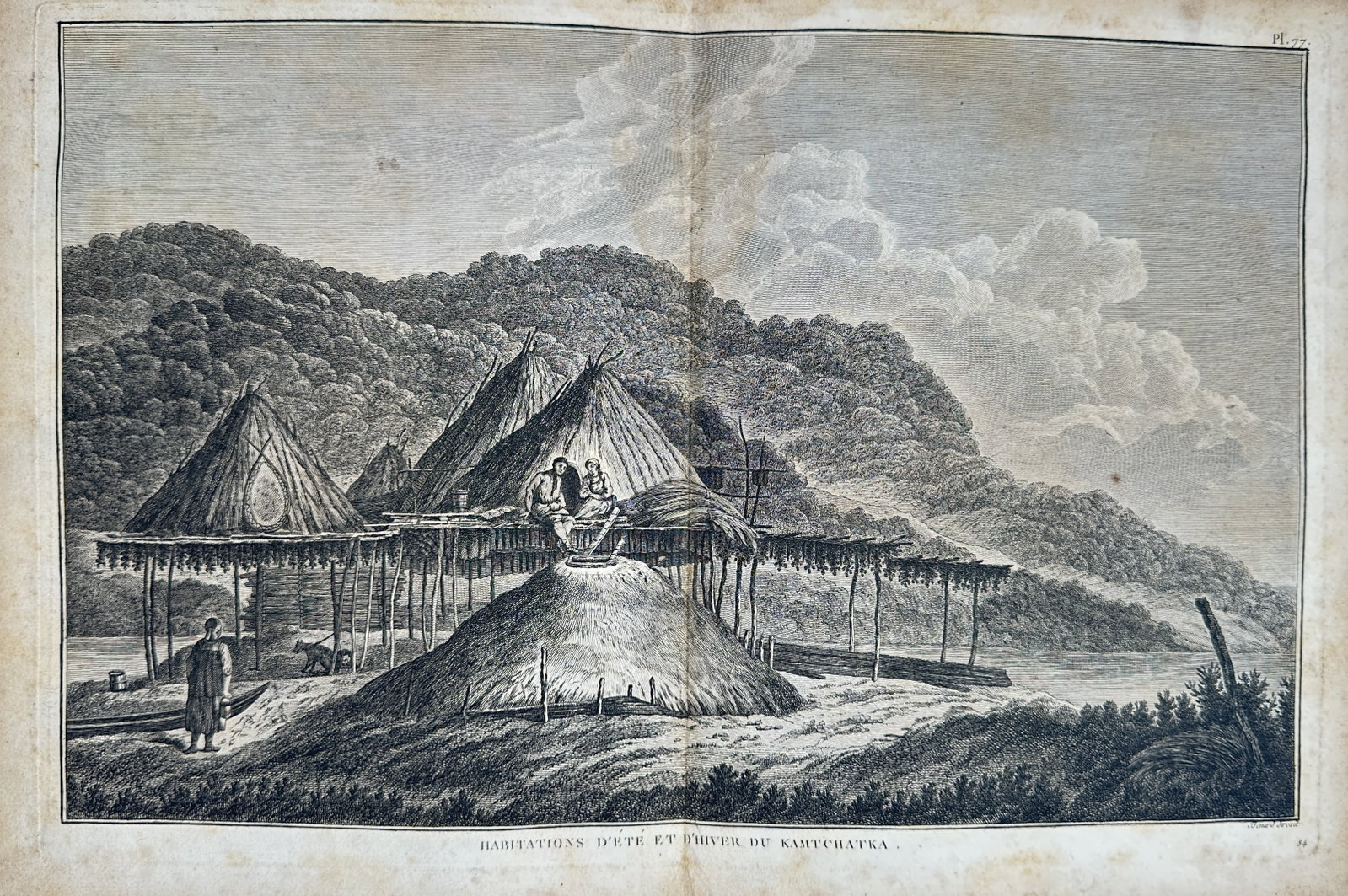 John Webber – Summer and Winter Dwellings of Kamchatka – Engraving (18th Century): "Summer and Winter Dwellings of Kamchatka" presents an ethnographic landscape study illustrating elevated wooden summer structures and earth-mounded winter dwellings of the indigenous Kamchadal people