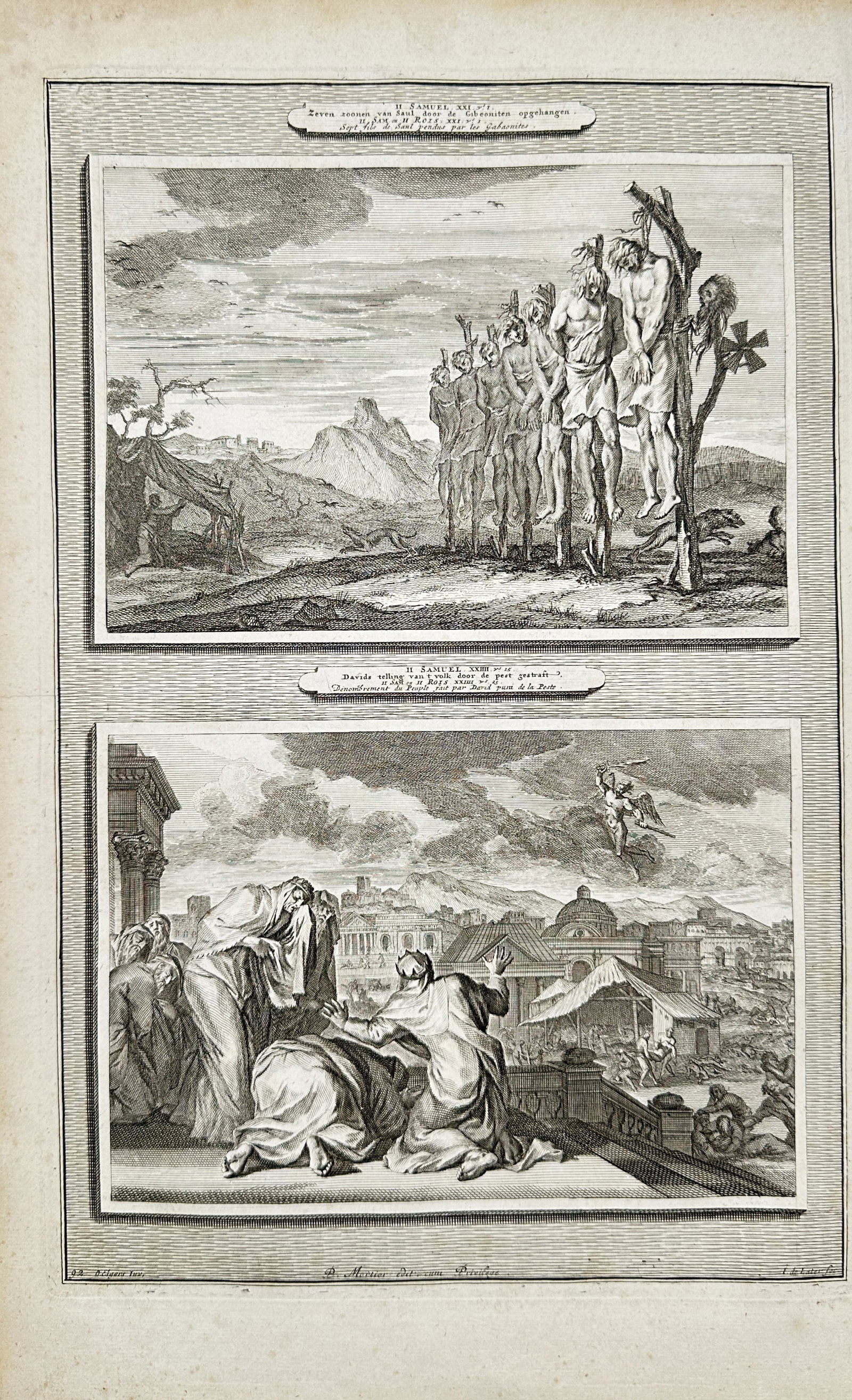 Pierre Mortier – The Hanging of Saul's Sons and the Plague in Israel – Engraving (18th Century): "The Hanging of Saul's Sons and the Plague in Israel" presents a biblical study illustrating Old Testament events from the Second Book of Samuel, depicting the execution of the seven descendants of Sa
