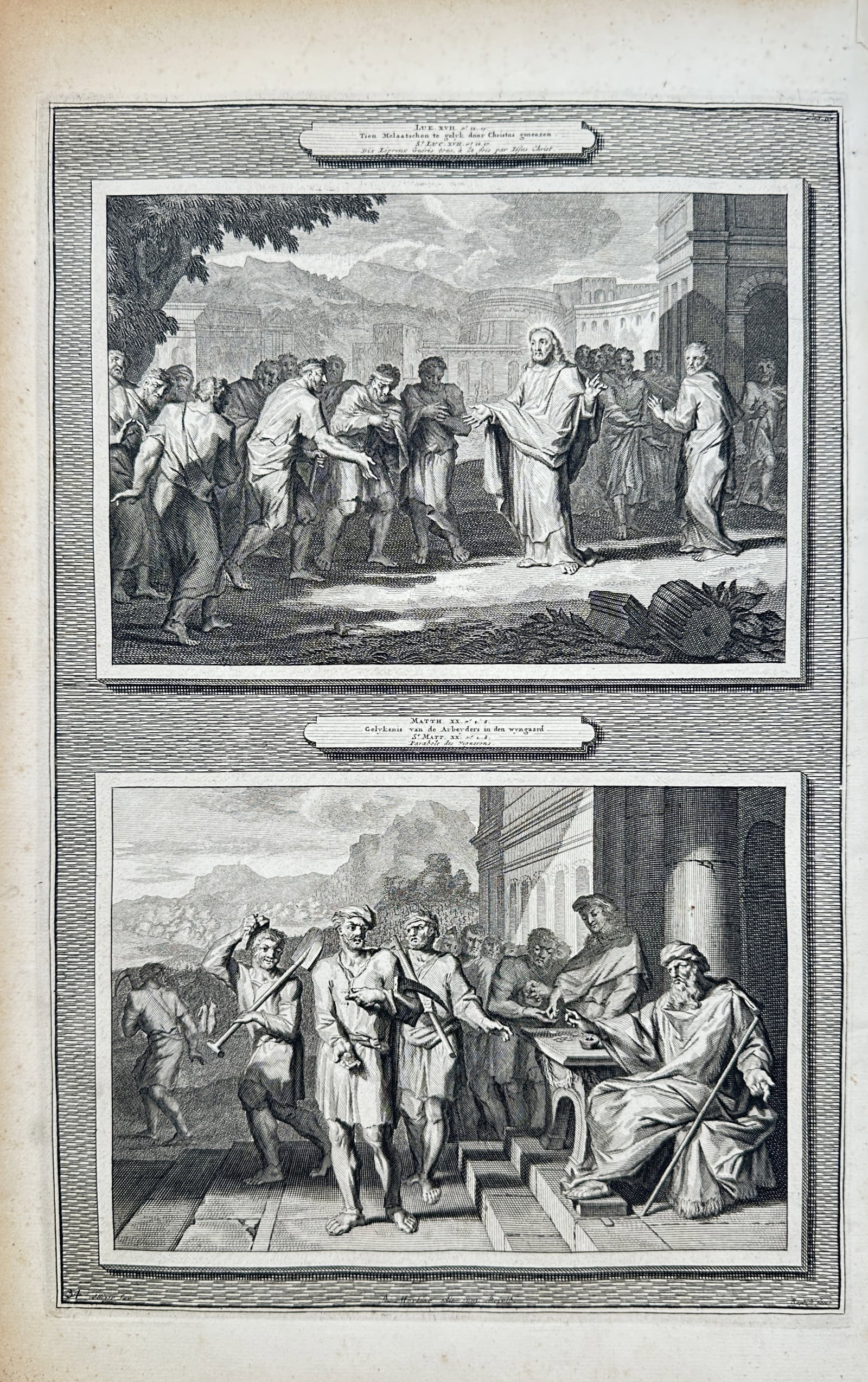 Pierre Mortier – Healing of Ten Lepers and Parable of the Workers in the Vineyard – Engraving: "Healing of Ten Lepers and Parable of the Workers in the Vineyard" presents a biblical study illustrating New Testament events from the Gospels of Luke and Matthew, depicting Jesus Christ cleansing te