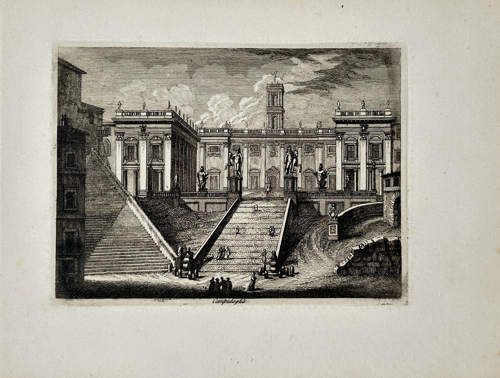 Pietro Parboni – View of Capitoline Hill – Italy – Engraving (19th Century): "Capitoline Hill" presents an architectural study illustrating the monumental Cordonata staircase leading up to Piazza del Campidoglio flanked by classicizing palaces and Roman statues with small staf
