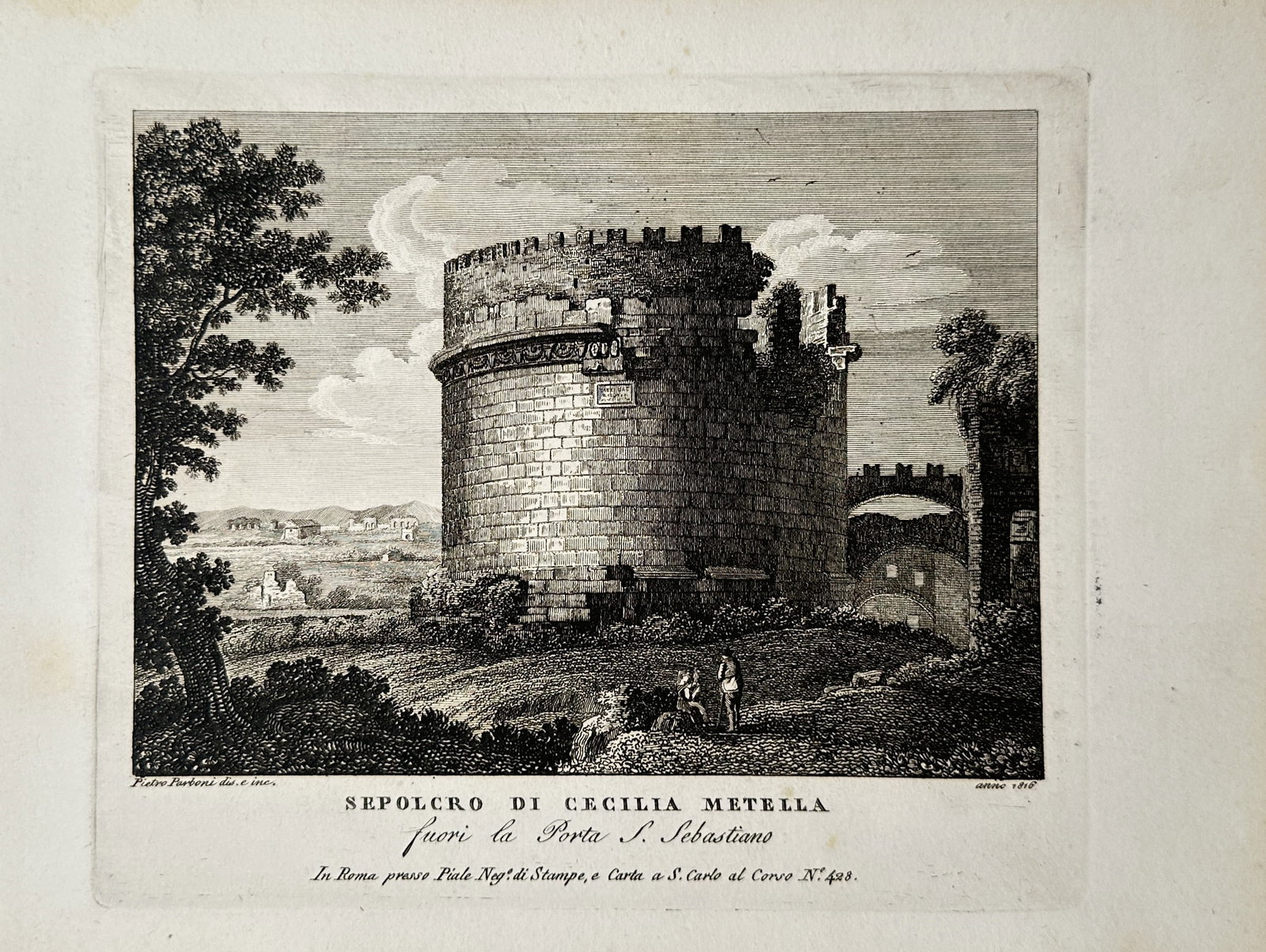 Pietro Parboni – Tomb of Caecilia Metella – Italy – Engraving (19th Century): "Tomb of Caecilia Metella" presents an architectural study illustrating the monumental cylindrical ancient Roman mausoleum of Caecilia Metella set against the countryside outside Porta San Sebastiano 