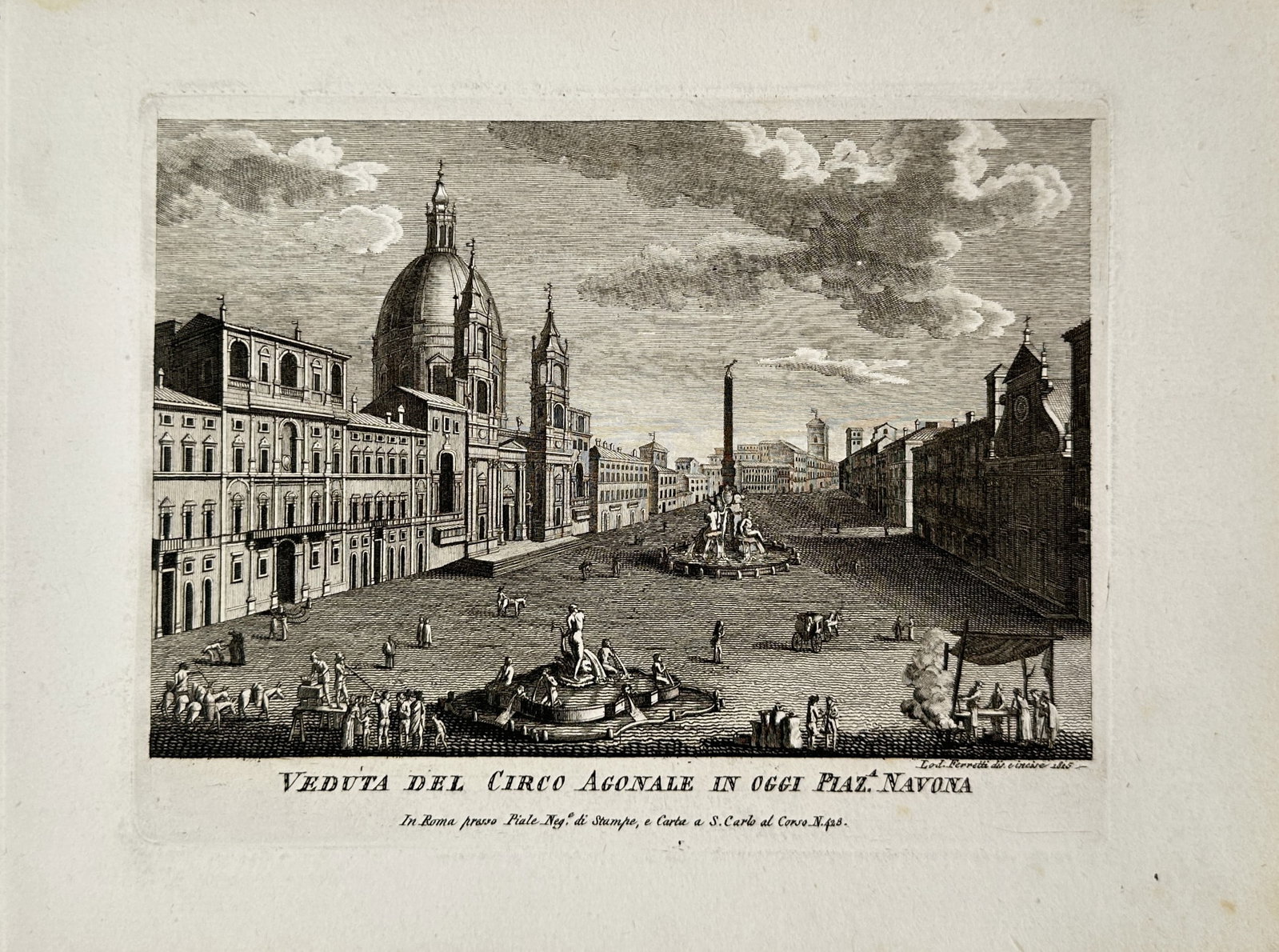 Pietro Parboni – Piazza Navona – Engraving (19th Century): "View of the Circus Agonalis Today Piazza Navona" presents an architectural study illustrating a sweeping view of Piazza Navona with the Church of Sant'Agnese in Agone and Baroque fountains surrounded