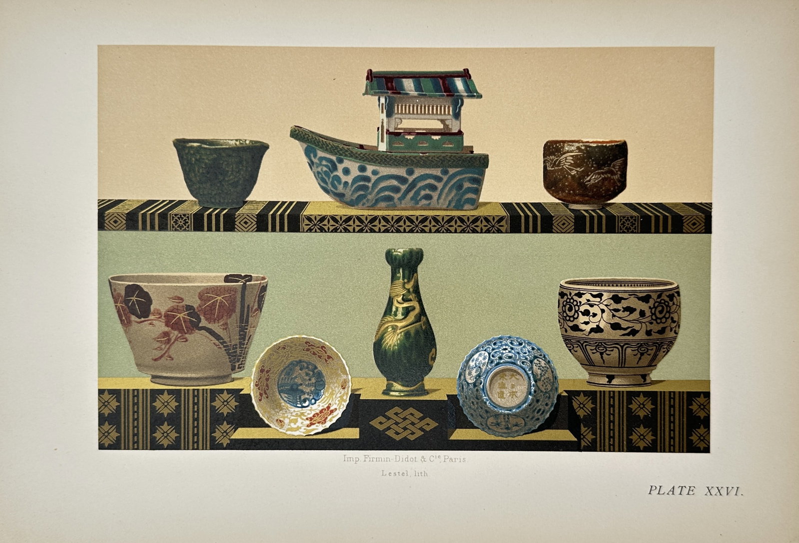 George Ashdown Audsley – Japanese Faience and Porcelain Vessels – Lithograph (19th Century): "Japanese Faience and Porcelain Vessels" presents a decorative art study illustrating an assortment of Japanese ceramic vessels, including a boat-shaped vessel, small cups, a green vase, and bowls ado