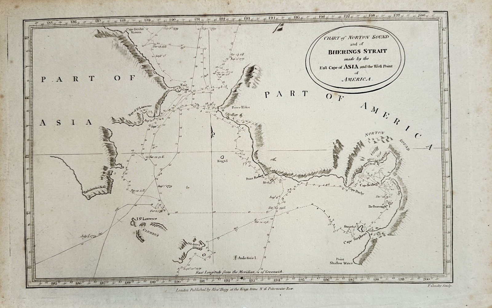 Alexander Hogg – Map of Bering Strait – Russia and United States – Engraving (18th Century): "Chart of Norton Sound and of Bherings Strait" presents a nautical map illustrating the geographical passage between the eastern coast of Asia and the western coast of North America, including Norton 
