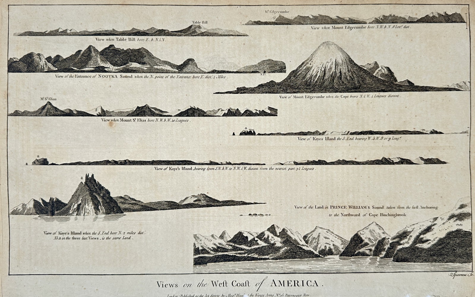 Alexander Hogg – Views of West Coast of North America – United States – Engraving (18th: "Views on the West Coast of America" presents a topographical and nautical study illustrating several coastal profiles and mountain perspectives, including Nootka Sound, Mount Edgecumbe, Mount St. Eli