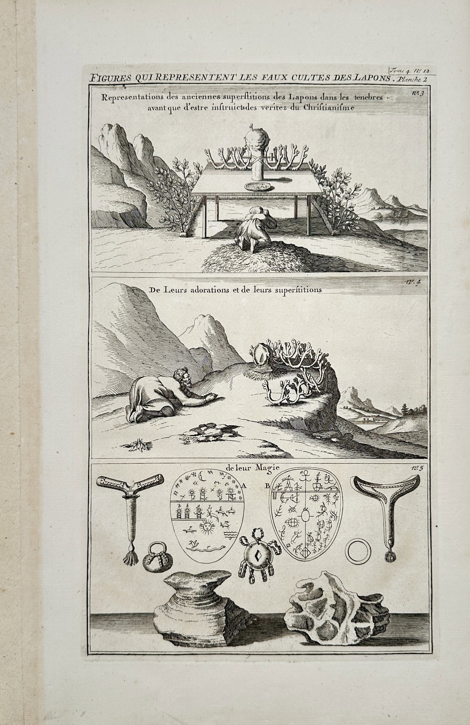 Henri Abraham Châtelain – False Cults and Superstitions of the Lapps – Engraving (1719): "Figures Qui Representent les Faux Cultes des Lapons" presents an ethnographic and religious study illustrating indigenous Sami religious practices, altar structures, ritual drums, and magical symbols