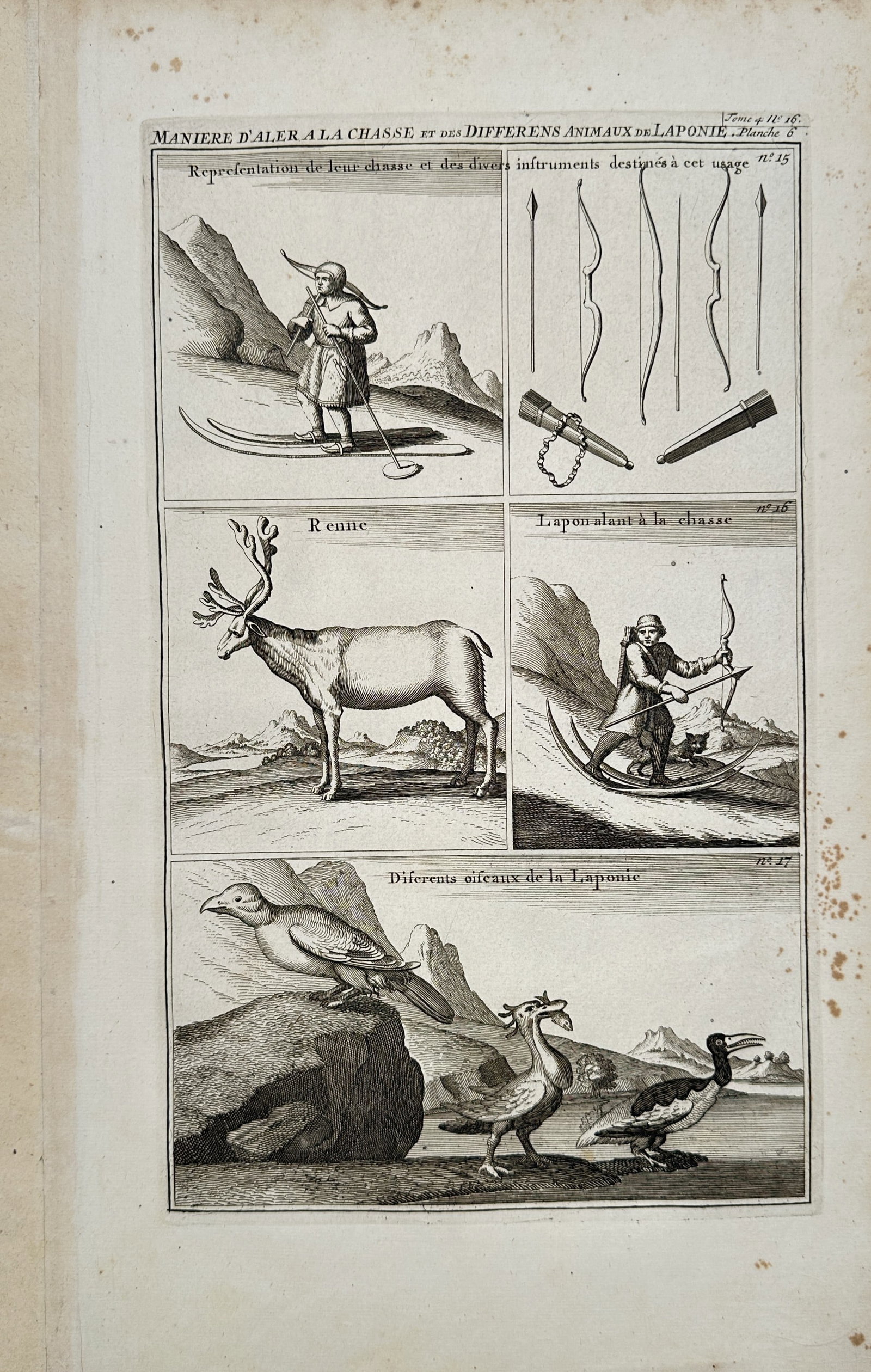 Henri Abraham Châtelain – Lapland Hunting Methods and Animals – Engraving (1719): "Maniere d'Aler a la Chasse et des Differens Animaux de Laponie" presents an ethnographic and natural history study illustrating indigenous Sami hunting customs, archery equipment, skis, reindeer, and