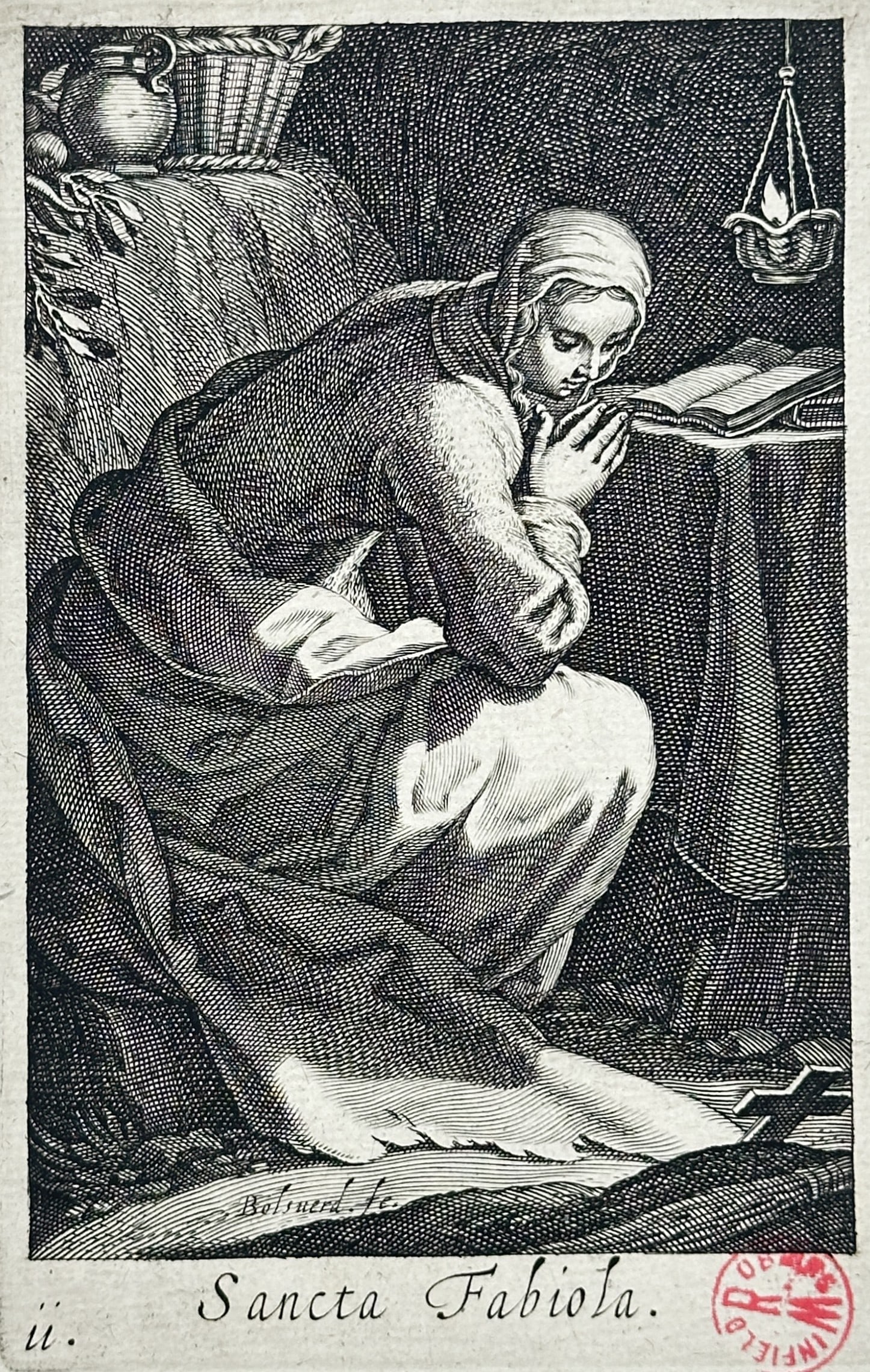 Boetius Adamsz. Bolswert – Saint Fabiola at Prayer – Engraving (17th Century): "Sancta Fabiola" presents a religious and devotional study illustrating Saint Fabiola kneeling in deep prayer before an open book within a modestly furnished rustic interior. The print serves an artis