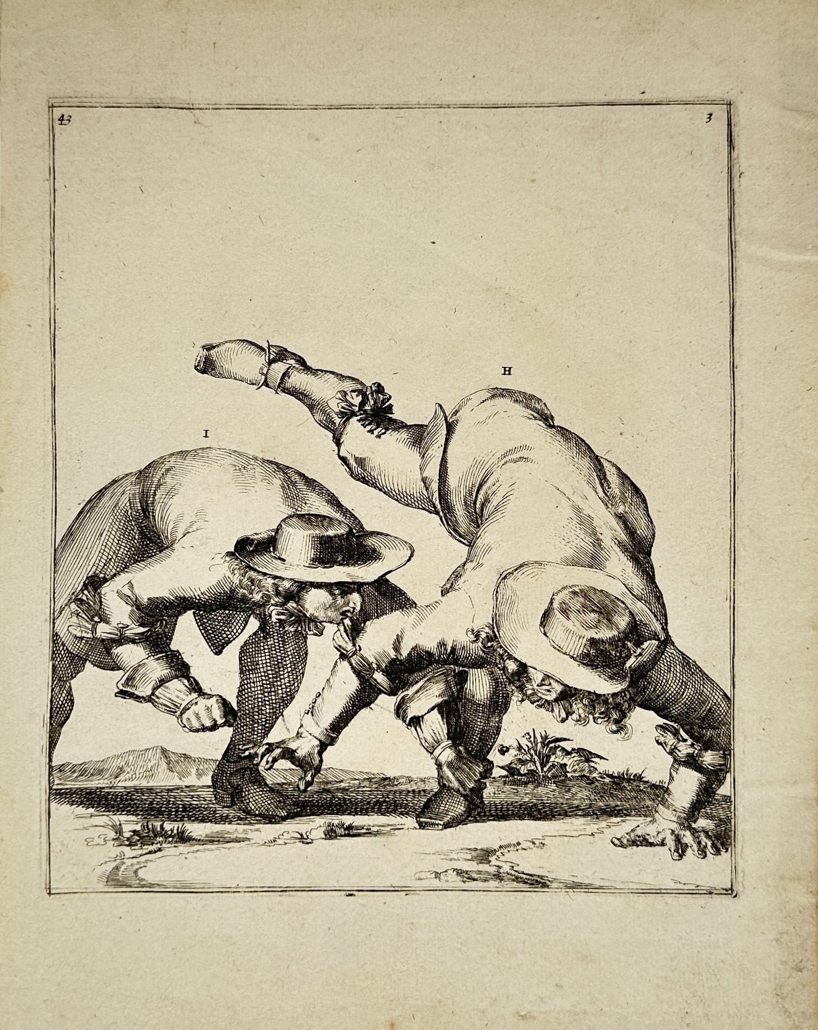 Nicolaes Petter – Wrestling Technique Study – Etching (1674): "Clear Instruction in the Art of Wrestling" presents a martial arts study illustrating two grapplers engaged in a self-defense wrestling maneuver against a plain landscape background. The print serves