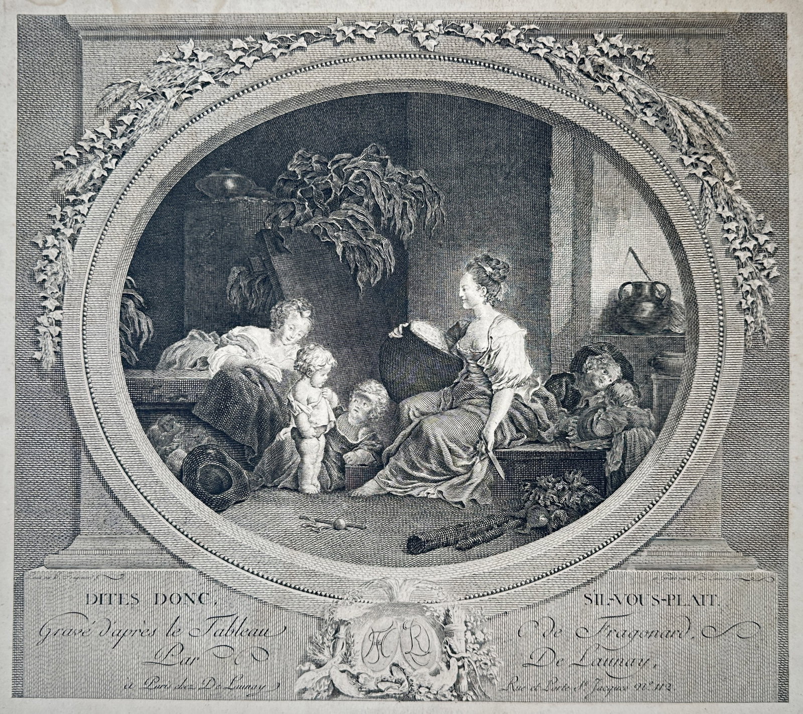 Jean-Honoré Fragonard – Say Please Domestic Genre Scene – Engraving (18th Century): "Dites Donc S'il Vous Plaît" presents a Rococo genre study illustrating a mother and figures interacting with small children in an oval-framed interior setting adorned with decorative garlands. The p