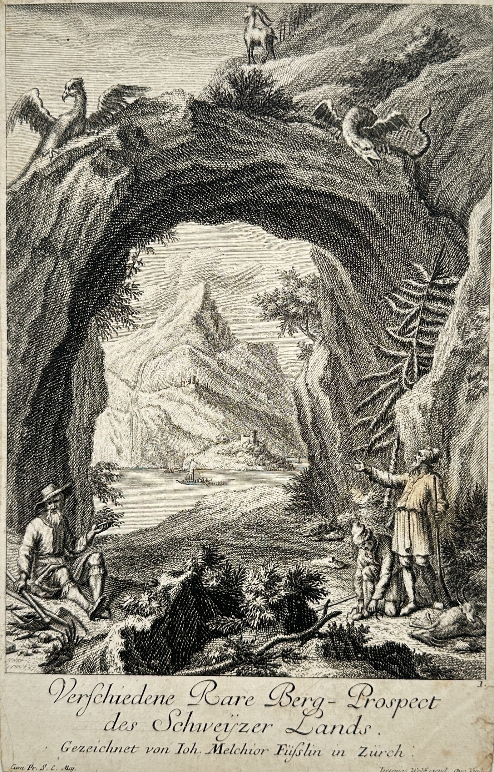 Johannes Meyer – Rare Mountain Prospects of Switzerland – Engraving (18th Century): "Verschiedene Rare Berg-Prospect des Schweitzer Lands" presents a topographical landscape study illustrating figures near a natural rock arch opening onto a distant alpine view with mountains and a la