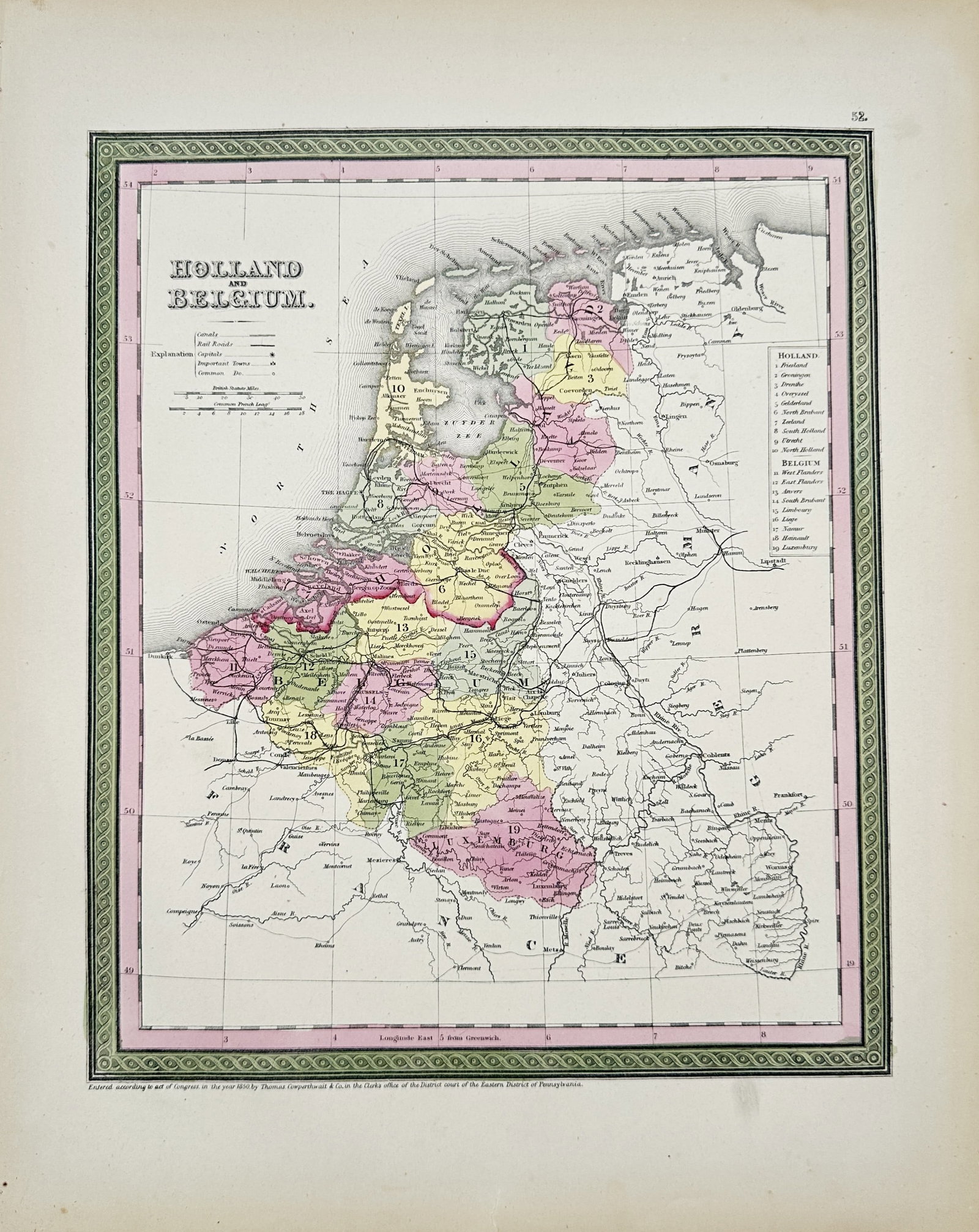 Thomas Cowperthwait & Co. – Map of Holland and Belgium – Netherlands and Belgium: "Holland and Belgium" presents a cartographic study illustrating the provincial boundaries, major cities, and coastal geography of the Low Countries during the mid-nineteenth century. The print serves