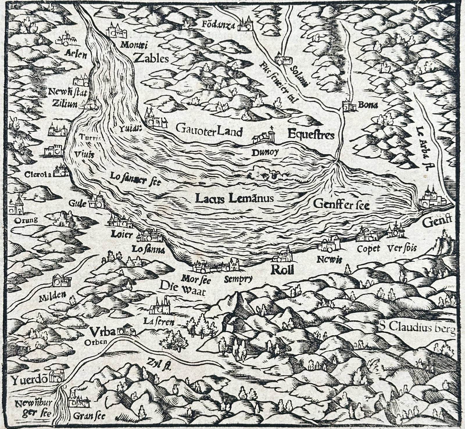 Sebastian Münster – View of Lake Geneva – Switzerland – Woodcut (16th Century): "Lake Geneva" presents a cartographic study illustrating Lake Geneva and its surrounding towns, castles, and mountain ranges across the regional landscape. The print serves an educational and historic