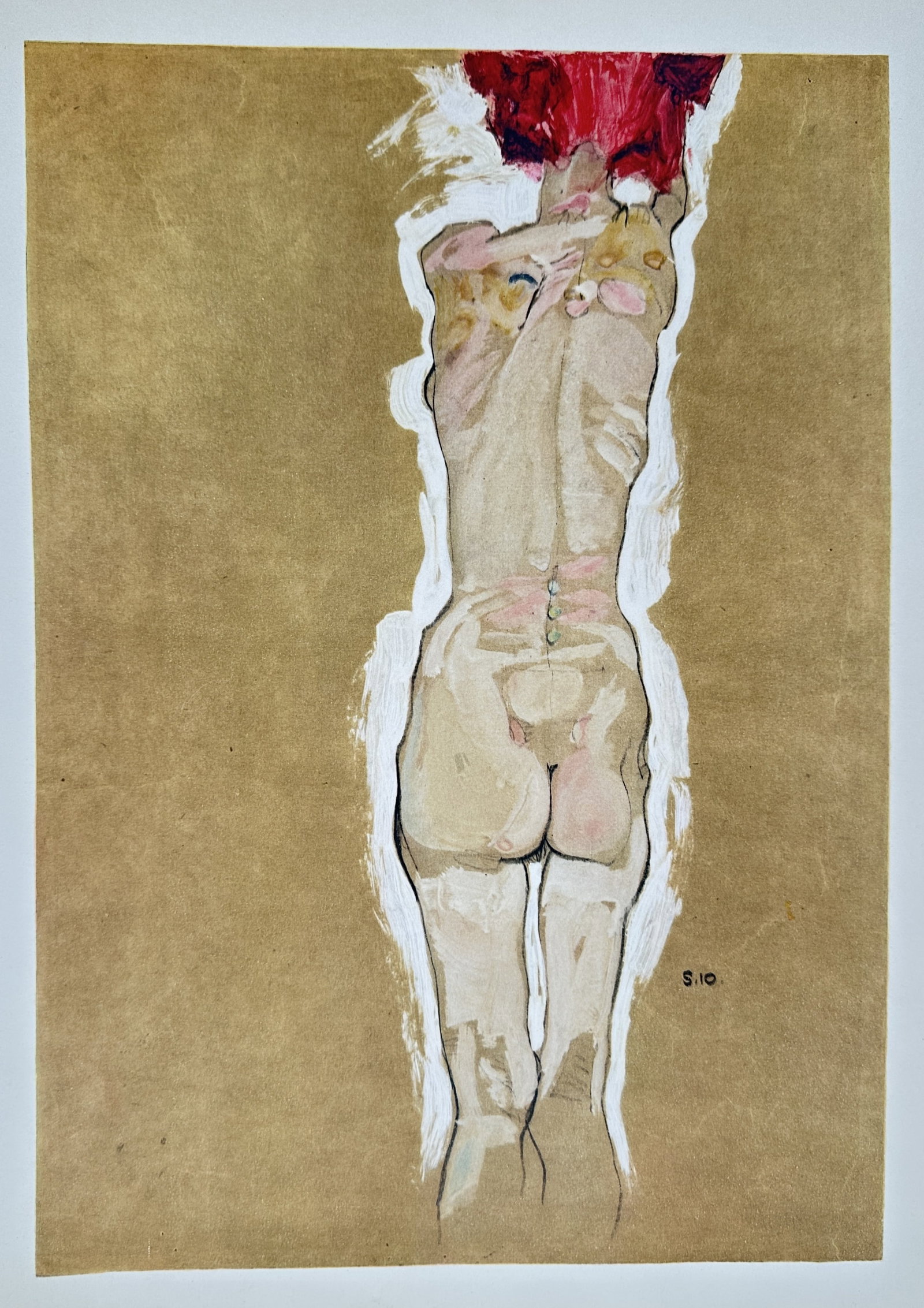 Egon Schiele,after – Standing Female Nude Back View – Offset lithograph (20th Century): "Standing Female Nude Back View" presents an Expressionist figurative study illustrating a standing female nude seen from behind with expressive contorted contours and vibrant color accents set agains
