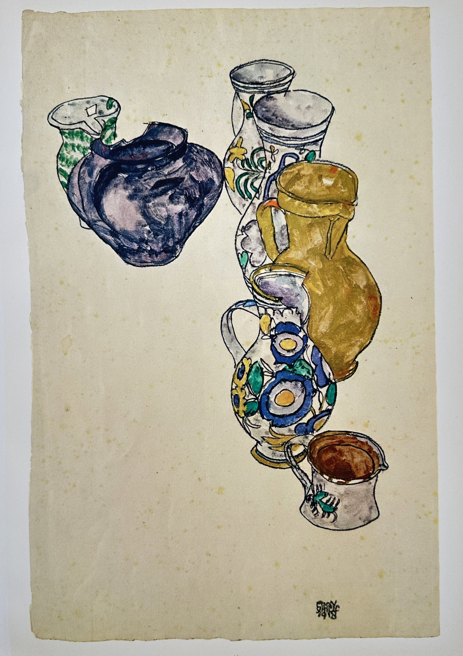 Egon Schiele,after – Ceramic Vessels Still Life – Offset lithograph (20th Century): "Ceramic Vessels Still Life" presents an Expressionist still life study illustrating an arrangement of decorative ceramic jugs, pitchers, and vessels set against a plain background. The print serves a
