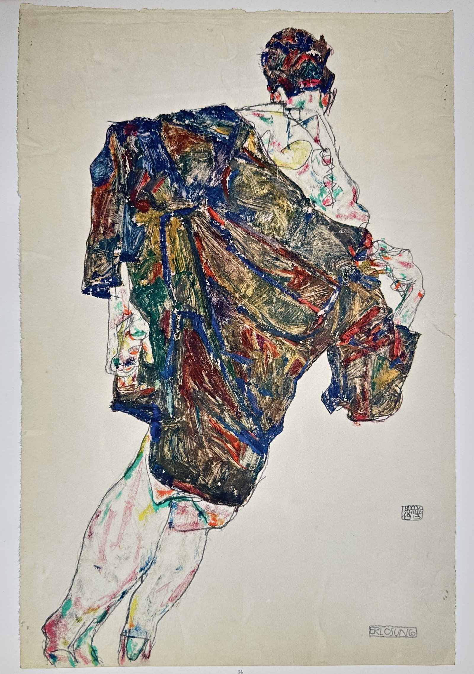 Egon Schiele,after – Redemption Expressionist Figure Study – Offset lithograph (20th Century): "Redemption" presents an Expressionist figurative study illustrating a standing figure seen from behind draped in a heavily textured, colorful coat with dynamic contours set against a plain background