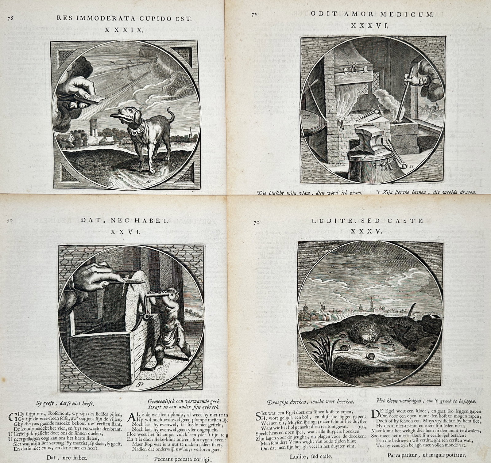Jacob Cats – Set of 4: Moral Emblems and Symbolic Studies – Engravings (17th Century): "Moral Emblems and Symbolic Studies" presents a set of four emblem illustrations depicted within circular frames, showing symbolic compositions with animals, blacksmith tools, sharpening stones, and r