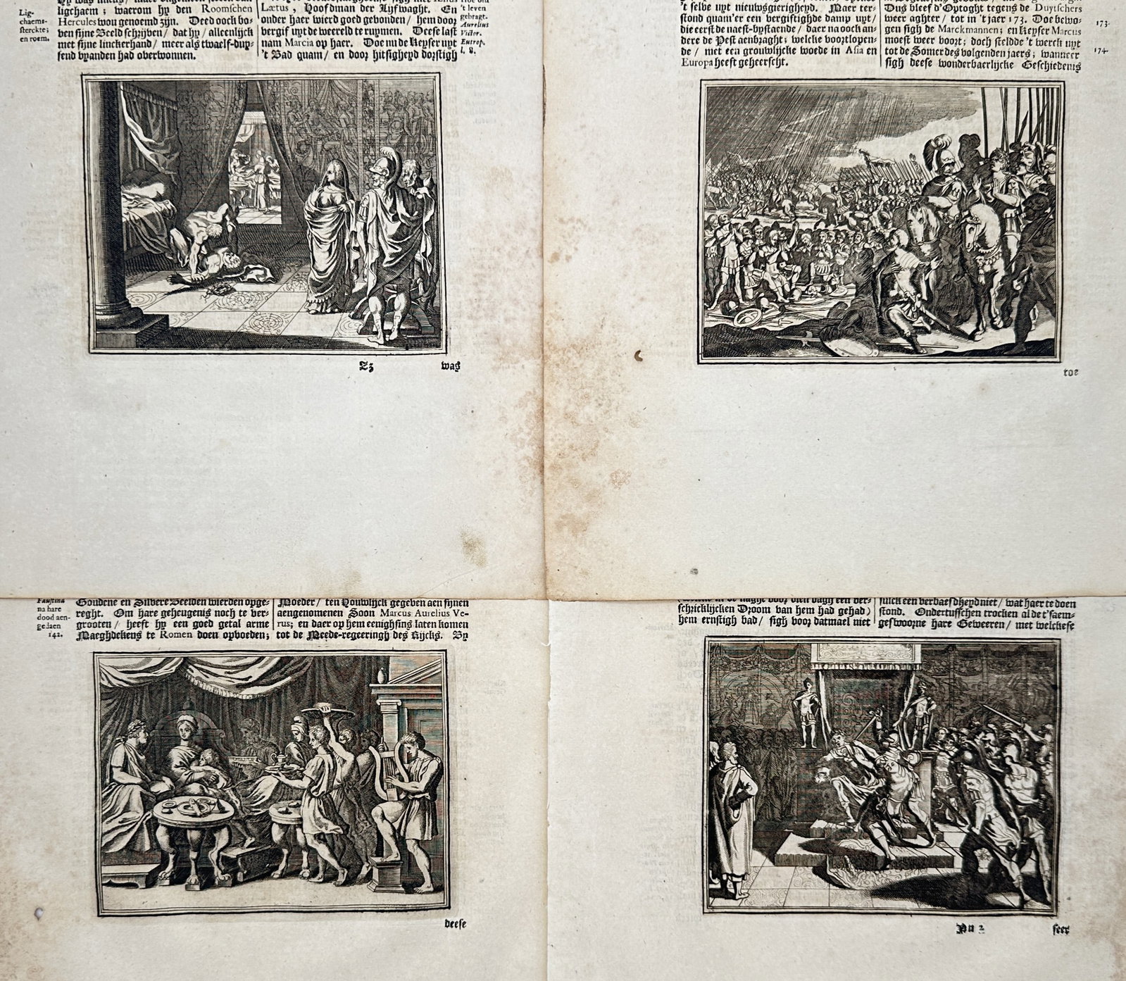 Johann Ludwig Gottfried – Set of 4: Classical Historical Scenes and Royal Assemblies –: "Classical Historical Scenes and Royal Assemblies" presents a set of four historical narrative illustrations depicting classical figures in architectural interiors, military encampments, banquet gathe