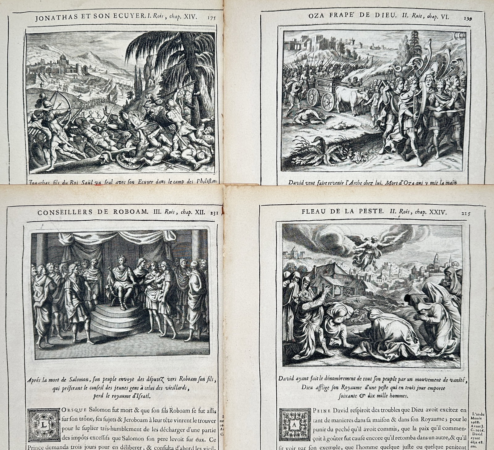 Nicolas Fontaine – Set of 4: Biblical Narratives and Old Testament Scenes – Engravings: "Biblical Narratives and Old Testament Scenes" presents a set of four illustrations depicting Old Testament narrative events including the death of Uzziah, the plague during David's reign, Jonathan's 