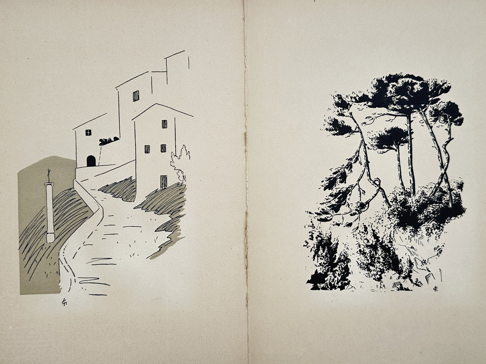 Gaston-Stéphane – Set of 2: Mediterranean Landscape and Architecture – Woodcuts (20th Century): "Visions du Midi" This set of two woodcuts captures the atmospheric essence of regional scenery, juxtaposing stark stylized building facades with lush natural wilderness. The prints portray an austere