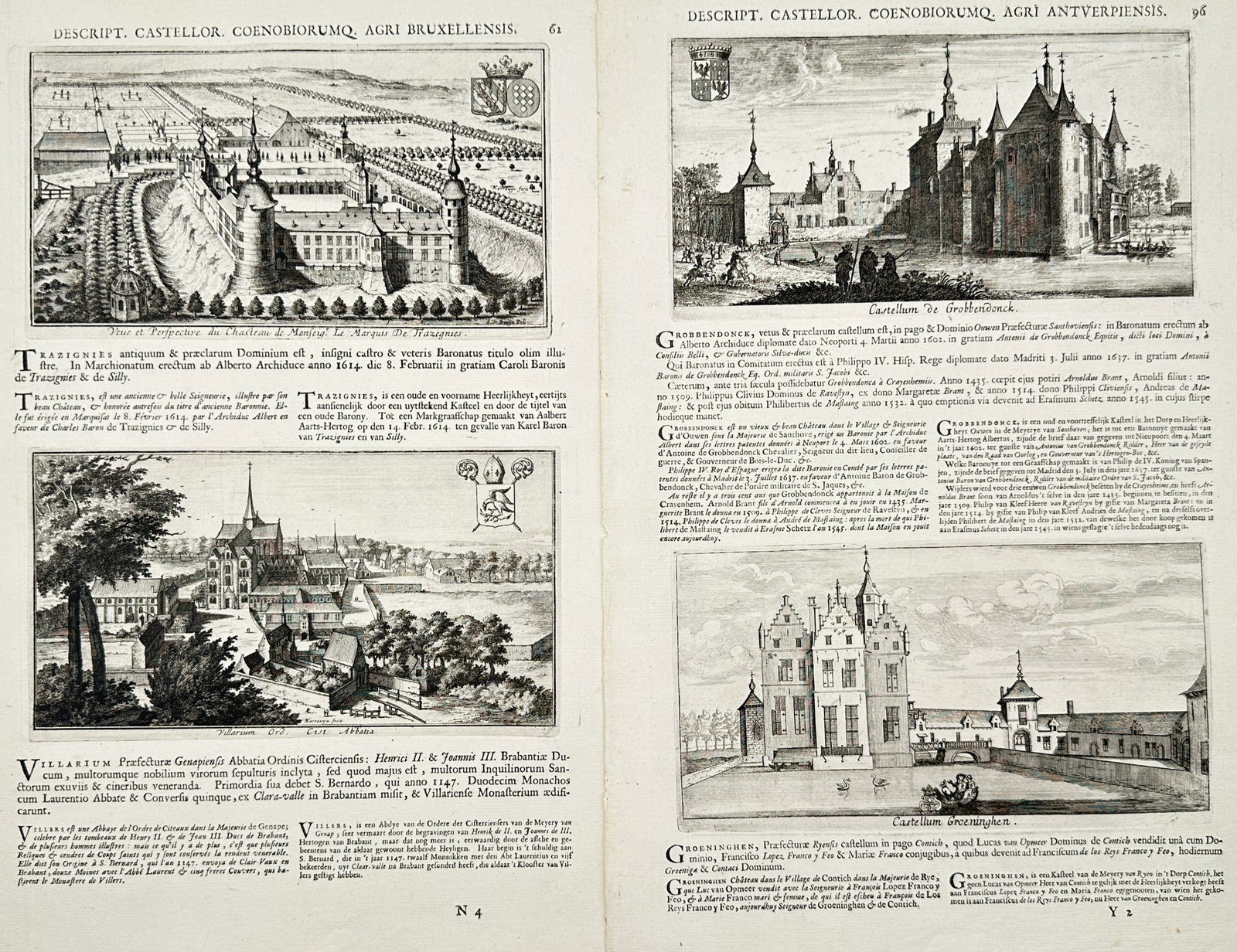 Jacques Le Roy – Set of 2: Castles and Monasteries of Brussels and Antwerp – Engravings (1705) (1 of 2)