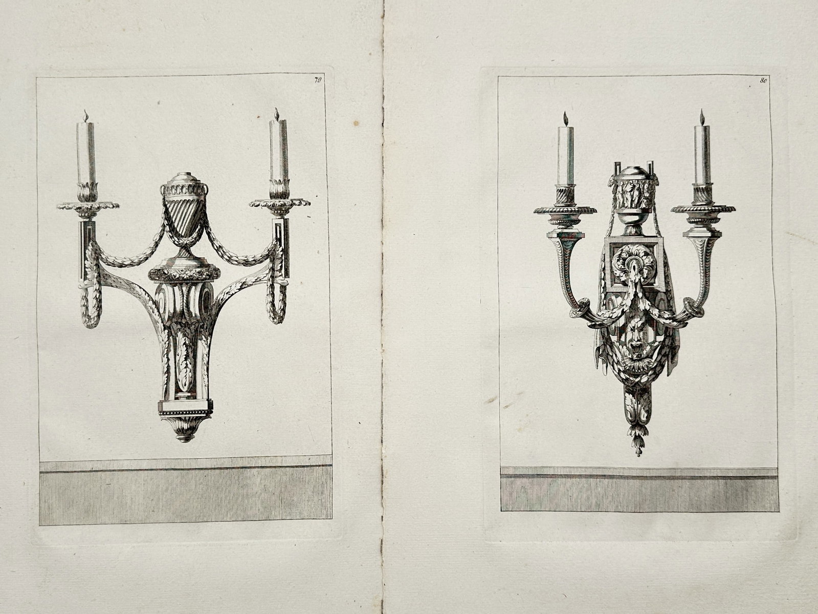 Jean-Charles Delafosse – Set of 2: Neoclassical Chandelier and Wall Sconce Designs – Engravings (1 of 2)