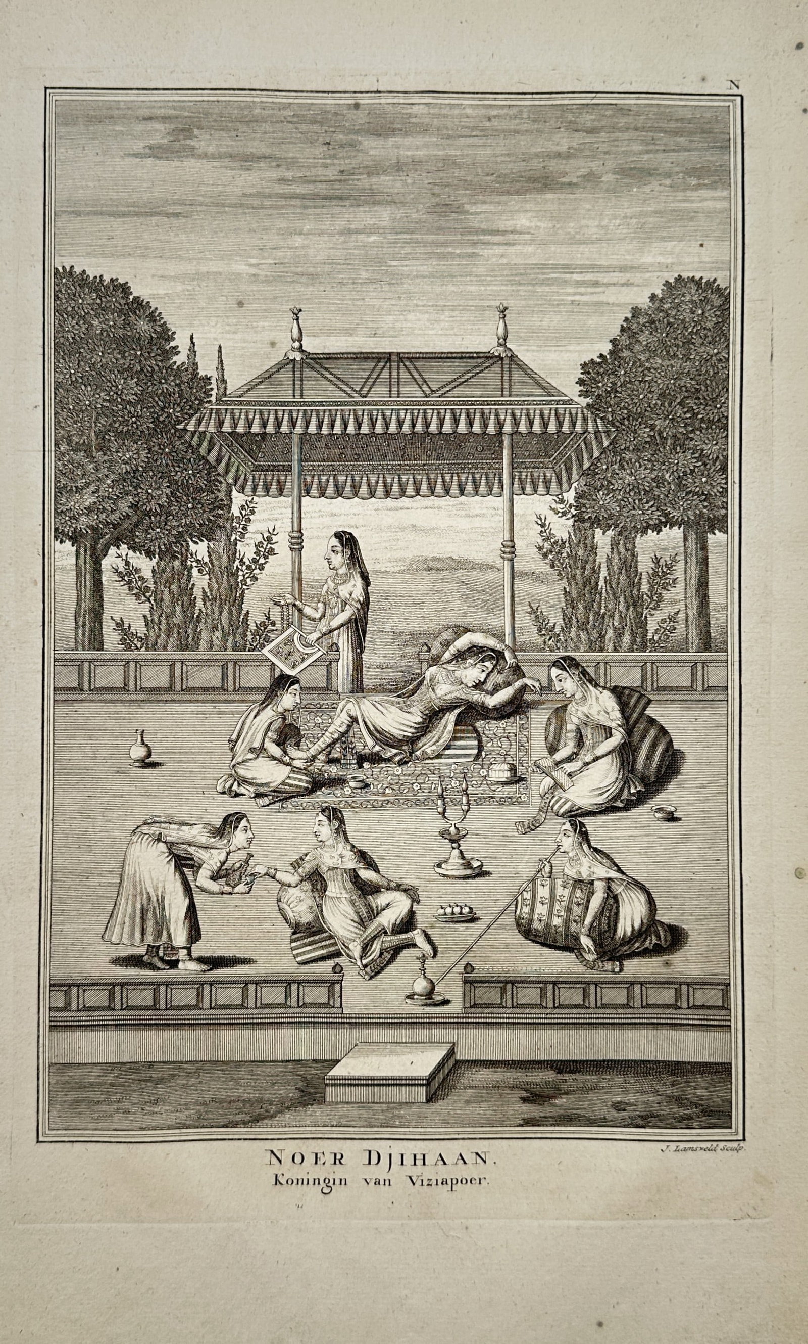François Valentijn – Court Scene with Nur Jahan, Queen of Bijapur – Engraving (1724): "Nur Jahan, Queen of Bijapur" depicts an Indian royal terrace scene with noblewomen and attendants gathered under an open garden pavilion. Published in Dordrecht and Amsterdam in 1724 for the monument