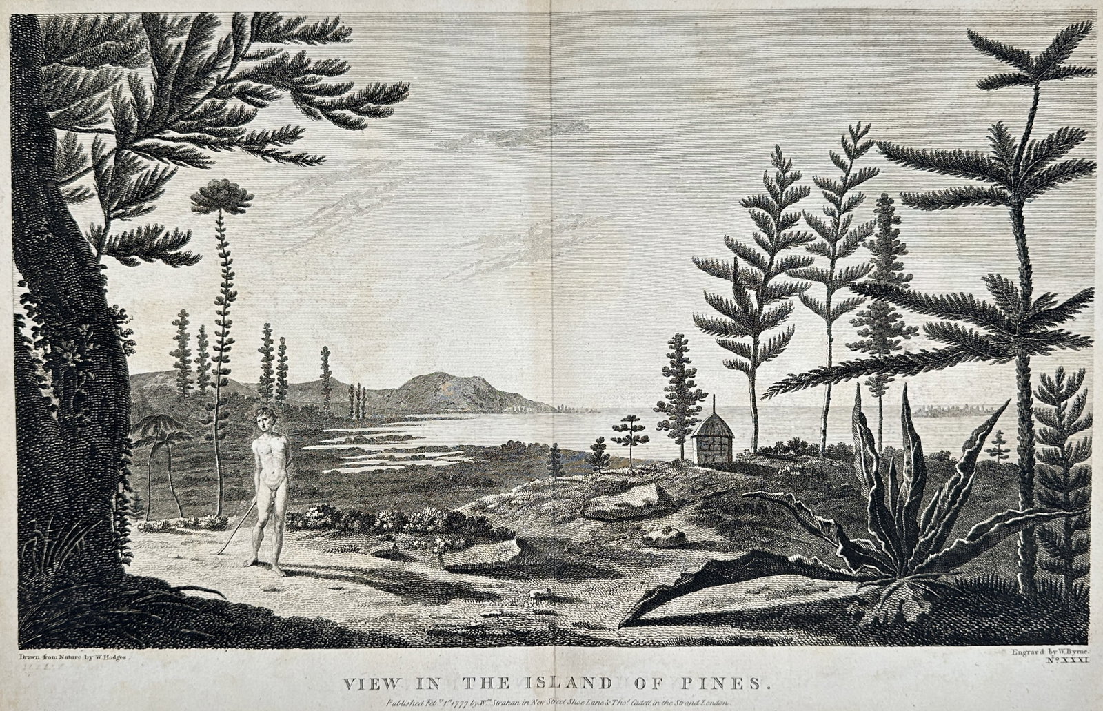 William Hodges – View in the Island of Pines – Engraving (1777): "View in the Island of Pines" depicts a coastal Pacific landscape in New Caledonia featuring native pine trees, indigenous dwellings, and an indigenous figure against a scenic shoreline. Published in 