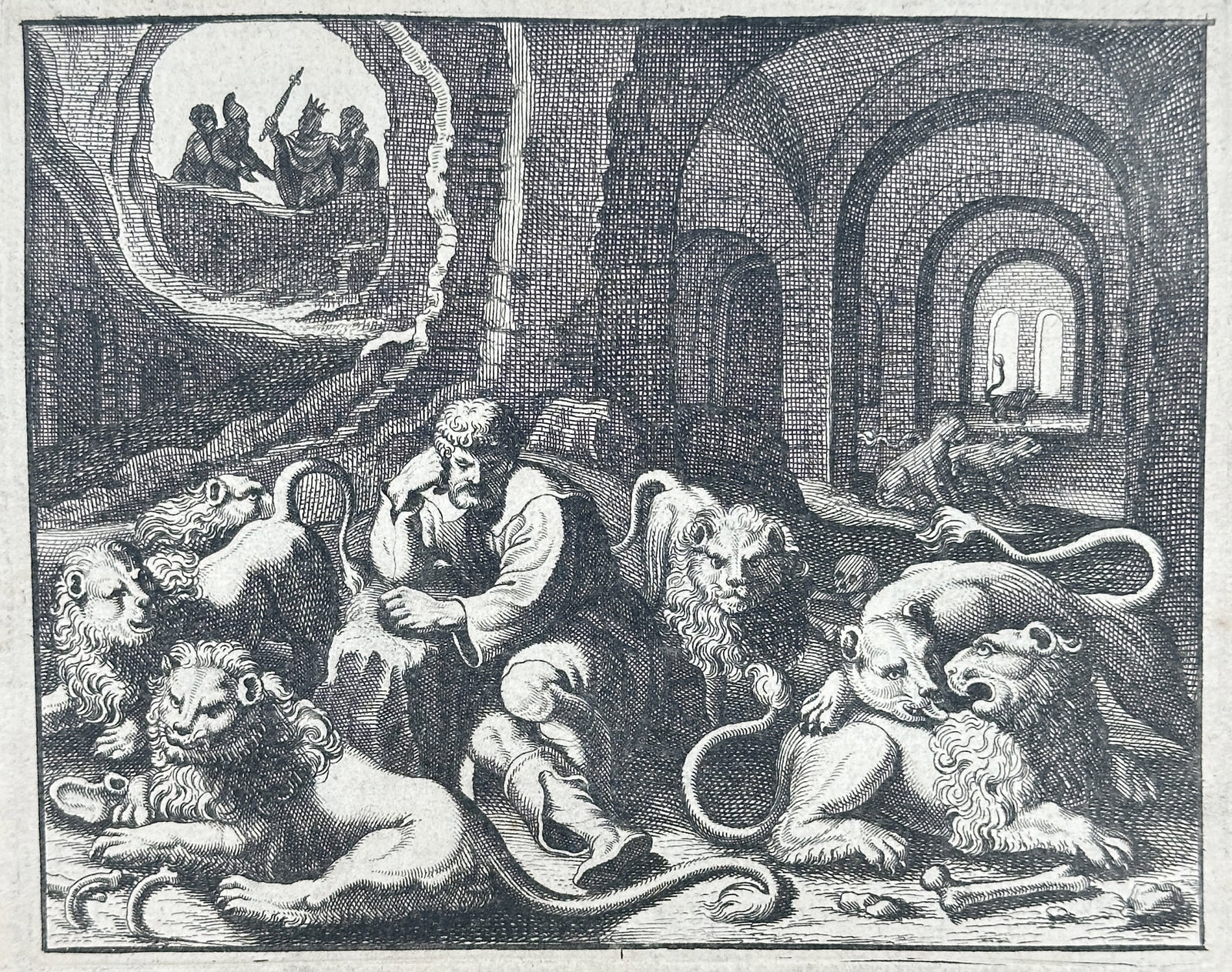 Nicolas Fontaine – Daniel in the Lions' Den – Engraving (17th Century): "Daniel in the Lions' Den" illustrates the Old Testament narrative depicting the prophet Daniel seated unharmed among docile lions within a vaulted underground cavern while the king looks down from ab