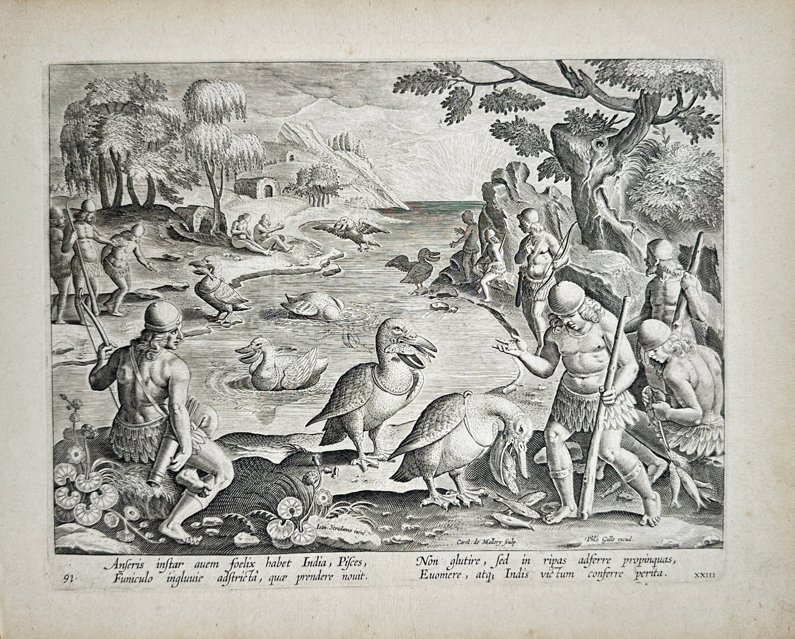 Philips Galle – Fishing with Trained Aquatic Birds in India – Engraving (16th Century): "Fishing with Trained Waterfowl in India" depicts figures along a riverbank using trained aquatic birds with collared throats to catch and retrieve fish from the water. The composition captures figure