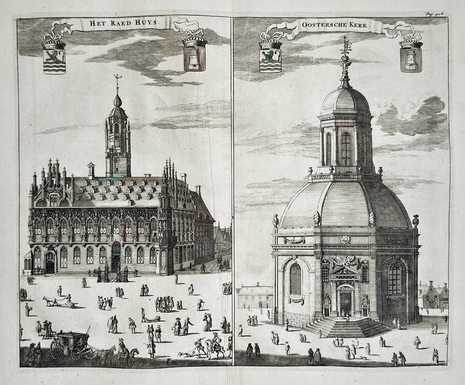 Mattheüs Smallegange – Town Hall and East Church of Middelburg – Low Countries – Engraving: "Het Raed Huys" and "Oostersche Kerk" presents a detailed topographic depiction split into two distinct vertical panels capturing the landmark town hall and the domed East Church of Middelburg. The fi