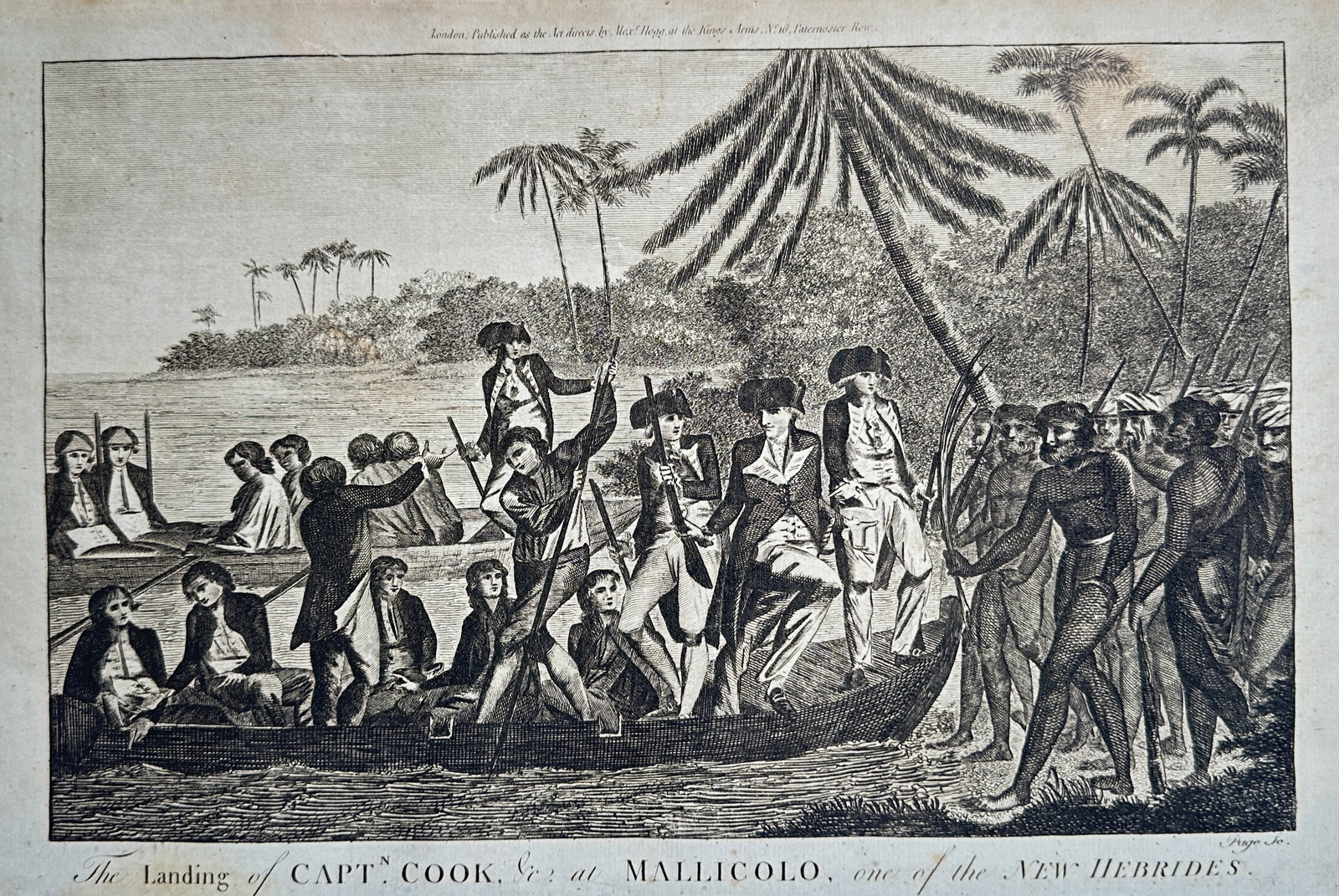 Alexander Hogg – Captain Cook's Landing at Malekula – Maritime Exploration – Engraving: It presents a dramatic historical scene capturing the historic arrival of Captain James Cook and his crew on the shores of Malekula (Malakula). The detailed composition illustrates British naval offic