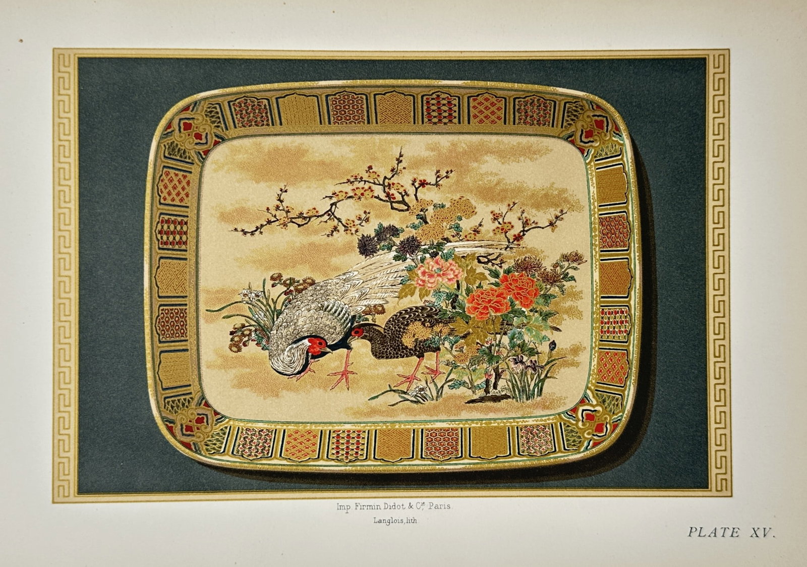 George Ashdown Audsley – Asian Enamels – Lithograph (19th Century): "Plate Xv" presents a nineteenth-century decorative arts study capturing an ornate rectangular lacquer or enameled tray set against a dark paneled backdrop with a greek key border. The broad compositi
