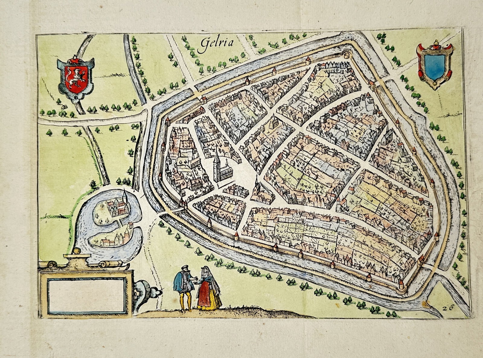 Lodovico Guicciardini – Map of Geldern – Germany – Hand-colored engraving (16th Century): "Gelria" presents a panoramic bird's-eye town plan of the fortified city of Geldern enclosed by moats and defensive walls. The Renaissance cartographic composition features armorial crests, a miniatur