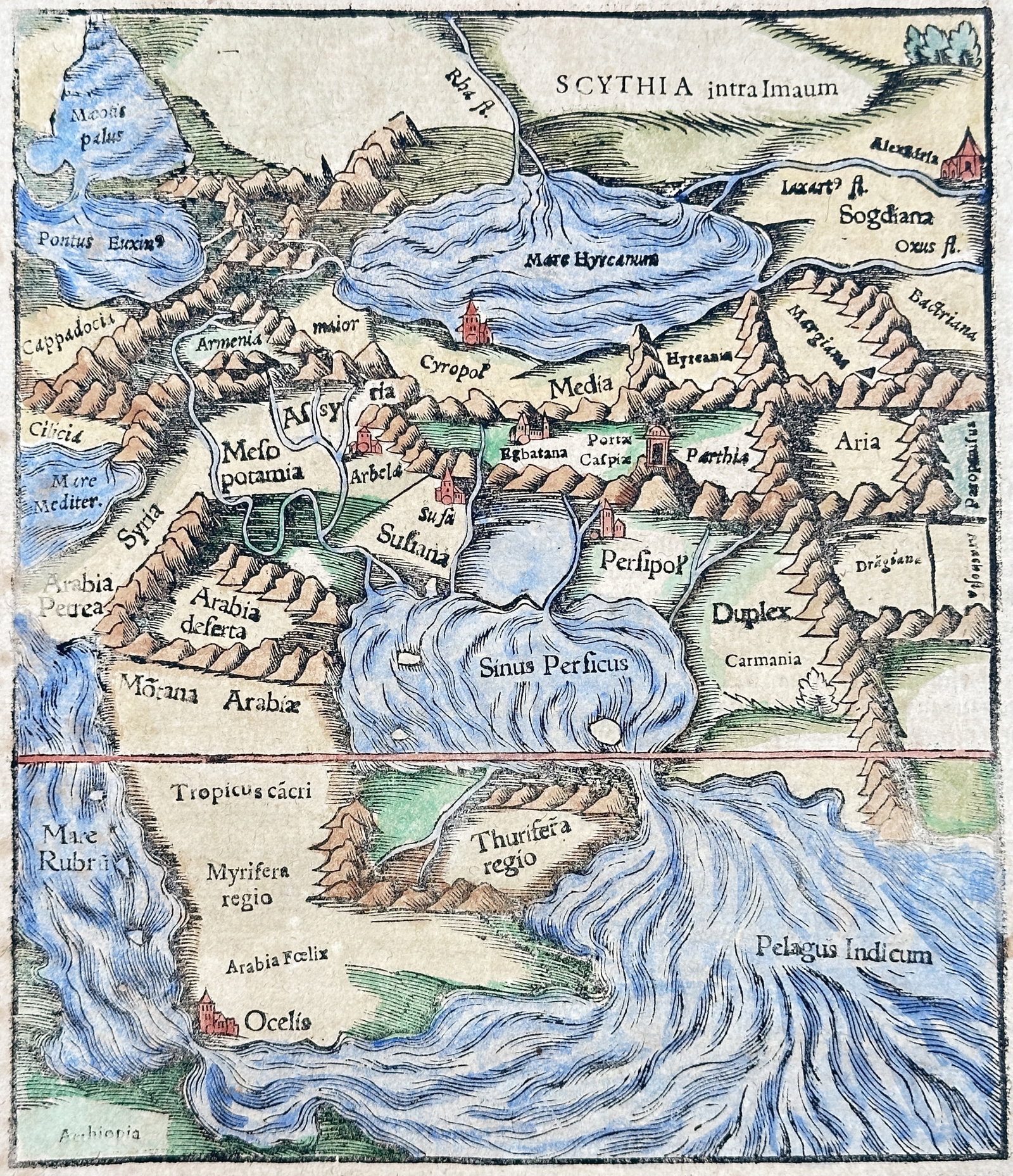 Sebastian Münster – Map of the Ancient Middle East and Central Asia – Hand-colored woodcut: "The Fifth Book" presents a Renaissance Ptolemaic regional map delineating the ancient Near East, Caspian Sea, Persian Gulf, and Central Asian territories. The sixteenth-century woodcut composition fe