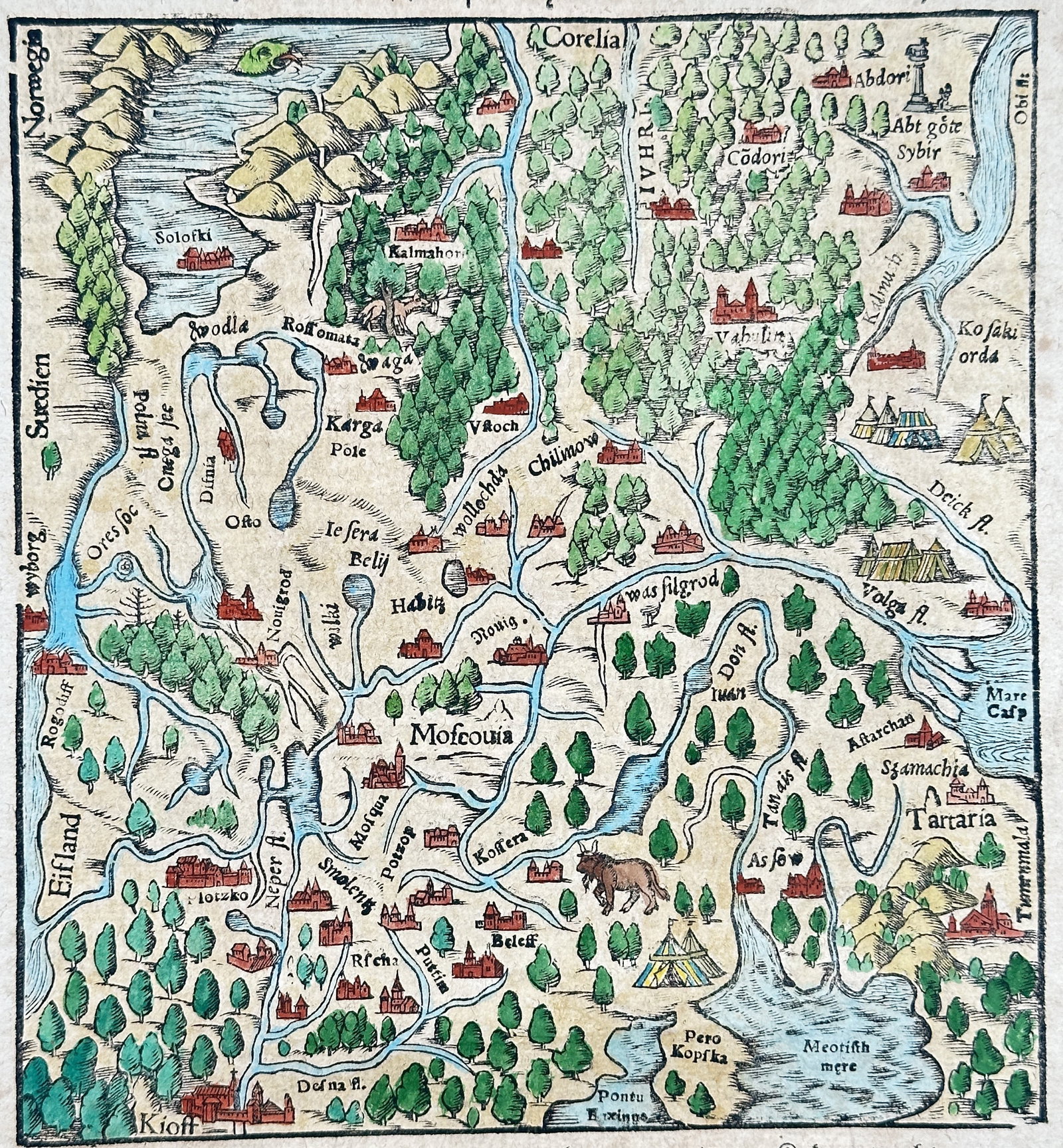 Sebastian Münster – Map of Muscovy and Russia – Hand-colored woodcut (16th Century) (1 of 3)