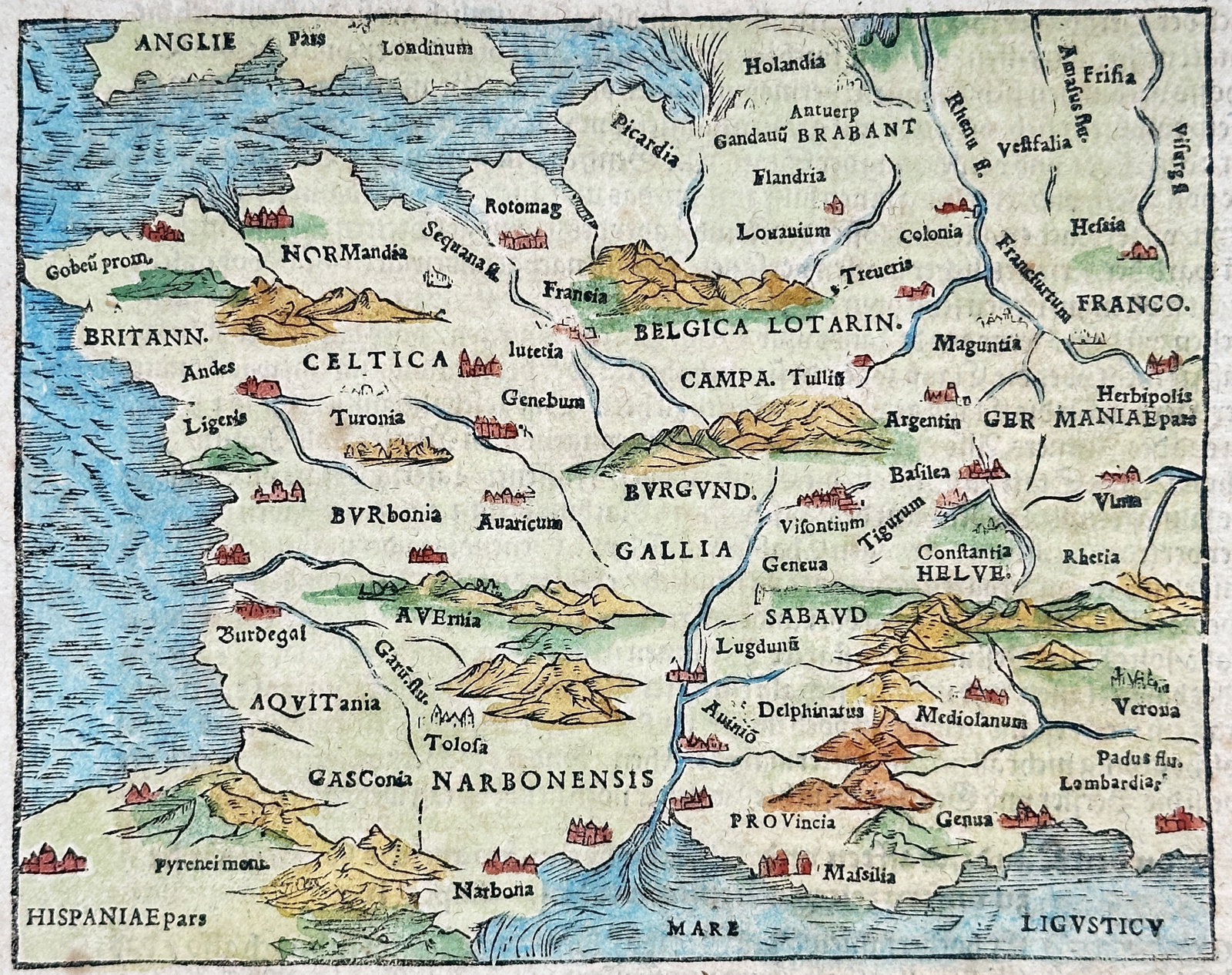 Sebastian Münster – Map of Ancient France and Gaul – Hand-colored woodcut (16th Century): "Das Ander Buch" presents a Renaissance Ptolemaic regional map illustrating ancient Gaul (France) alongside neighboring regions of the British Isles, Germany, and northern Italy. The sixteenth-century