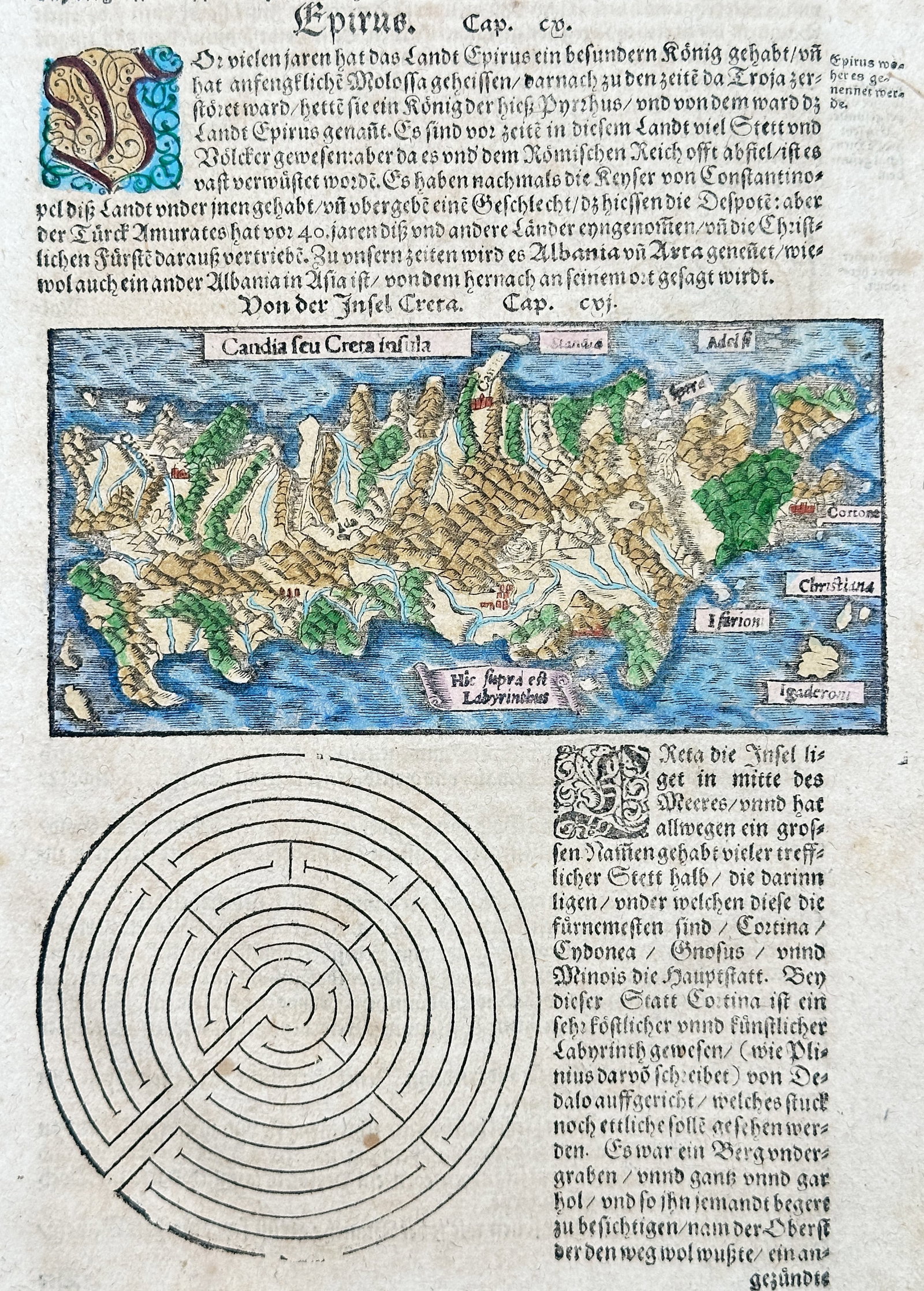 Sebastian Münster – Map of Crete and the Cretan Labyrinth – Hand-colored woodcut (16th Century): "Candia seu Creta insula" presents a Renaissance topographical map of the island of Crete paired with an allegorical diagram of the famous Cretan Labyrinth. The sixteenth-century woodcut composition f
