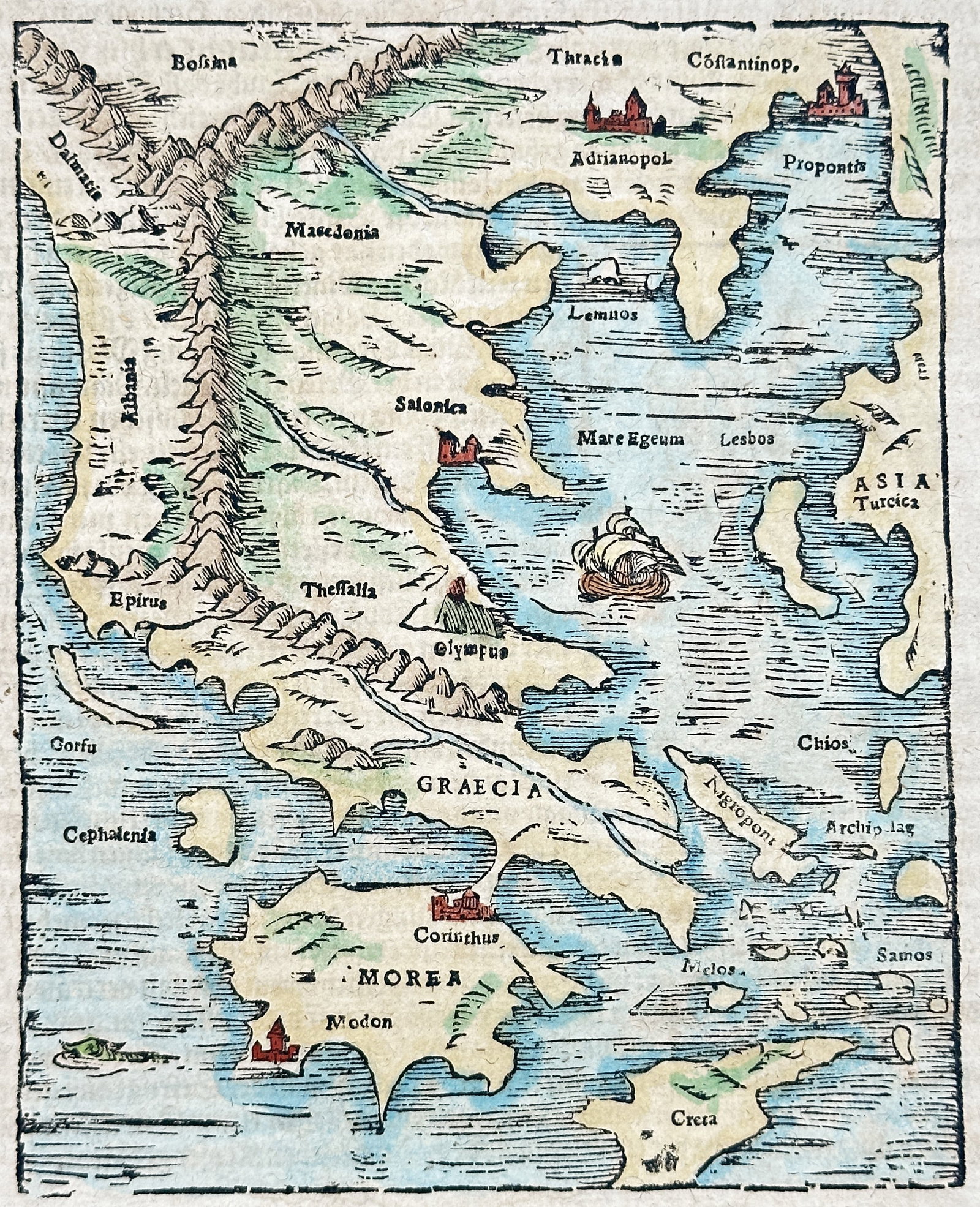 Sebastian Münster – Map of Greece and the Aegean Sea – Hand-colored woodcut (16th Century): "Das Vierdte Buch" presents a Renaissance Ptolemaic regional map illustrating Greece, the Peloponnese (Morea), the Aegean archipelago, and adjacent coastal territories of the Ottoman Empire. The sixte