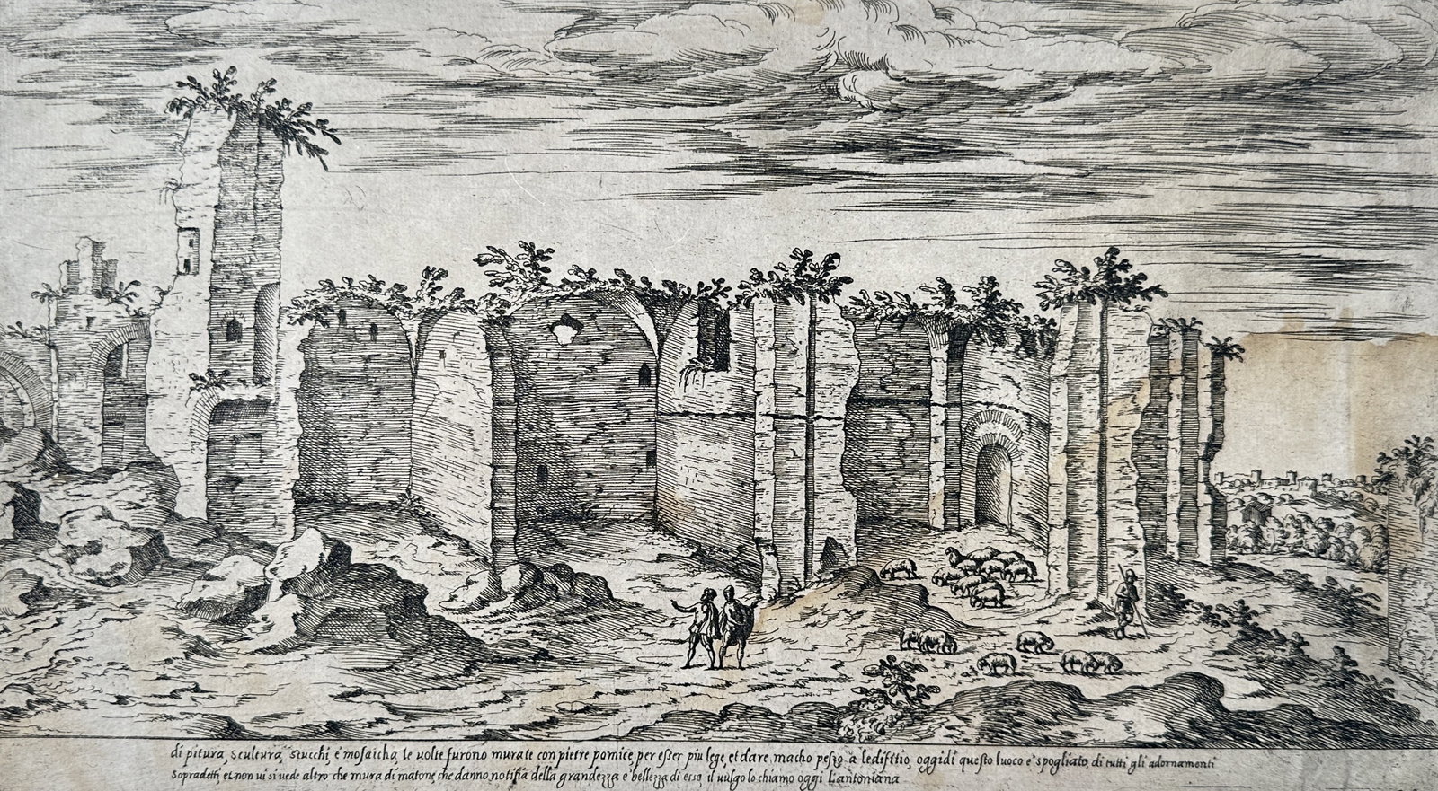 Étienne Dupérac – View of the Ruins of the Baths of Caracalla – Etching (1575): "L'Antoniana" presents a sixteenth-century architectural view depicting the massive crumbling brick exedra and perimeter ruins of the Baths of Caracalla in Rome. The composition illustrates the overgr