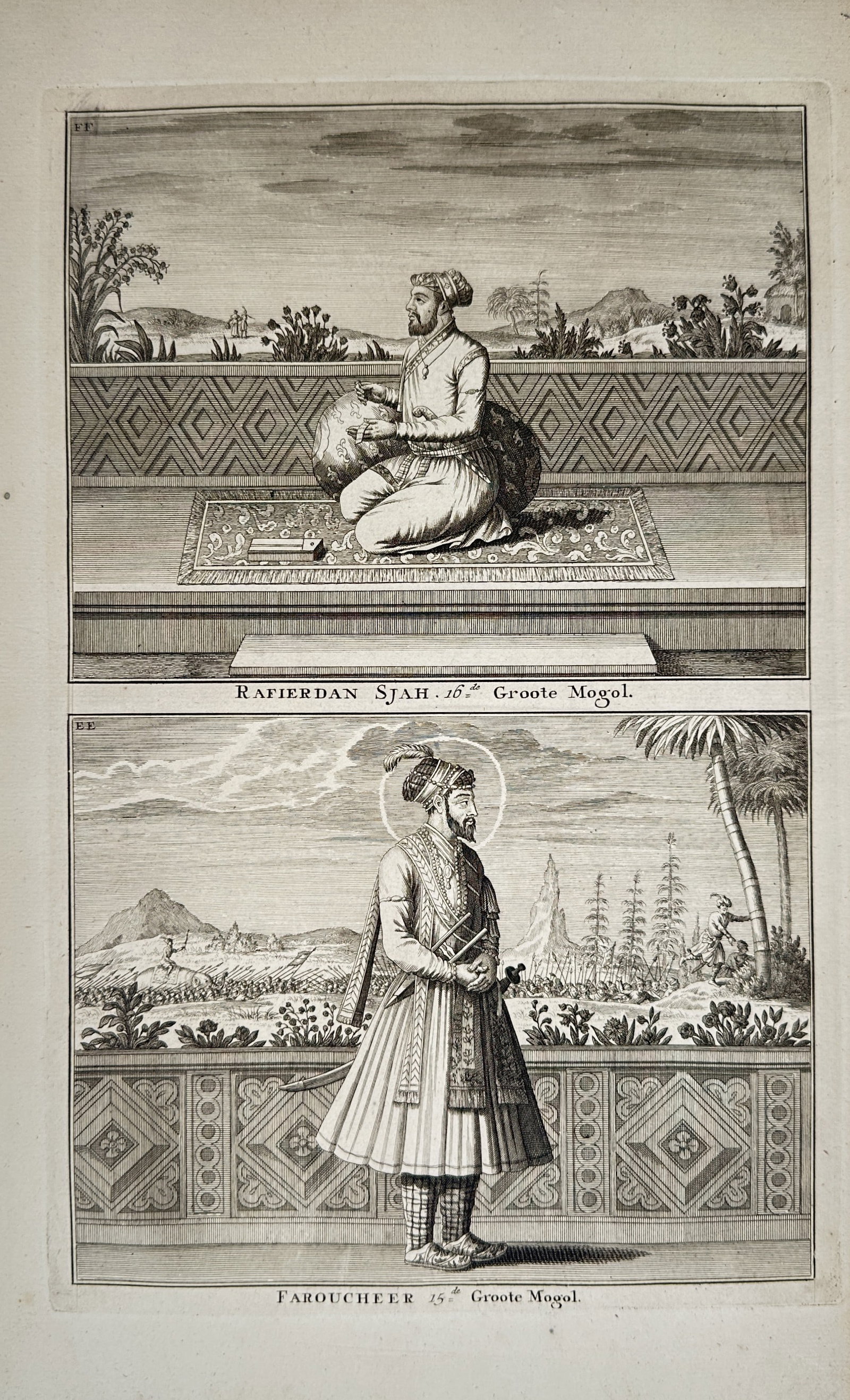 François Valentijn – Portraits of Mughal Emperors Rafi ud-Darajat and Farrukhsiyar – Engraving: "Rafierdan Sjah, Faroucheer" presents an eighteenth-century double-register copperplate engraving depicting two rulers of the Mughal Empire in profile on terrace verandas. The upper composition illust