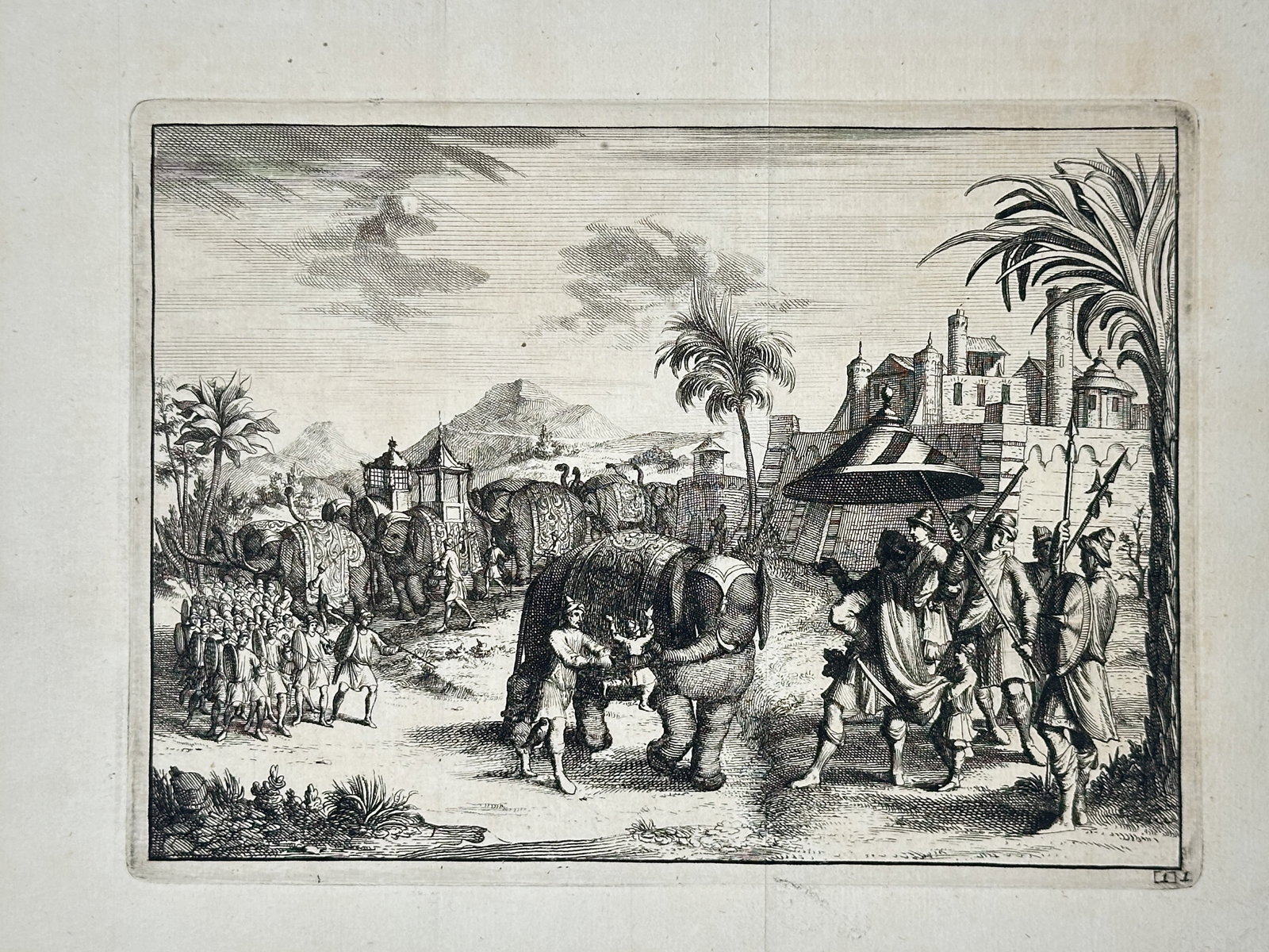Pieter van der Aa – Procession with War Elephants in India – Engraving: "Procession with War Elephants in India" This historical scene captures a grand royal and military parade moving through a tropical landscape featuring palm trees and fortified palace towers. The comp