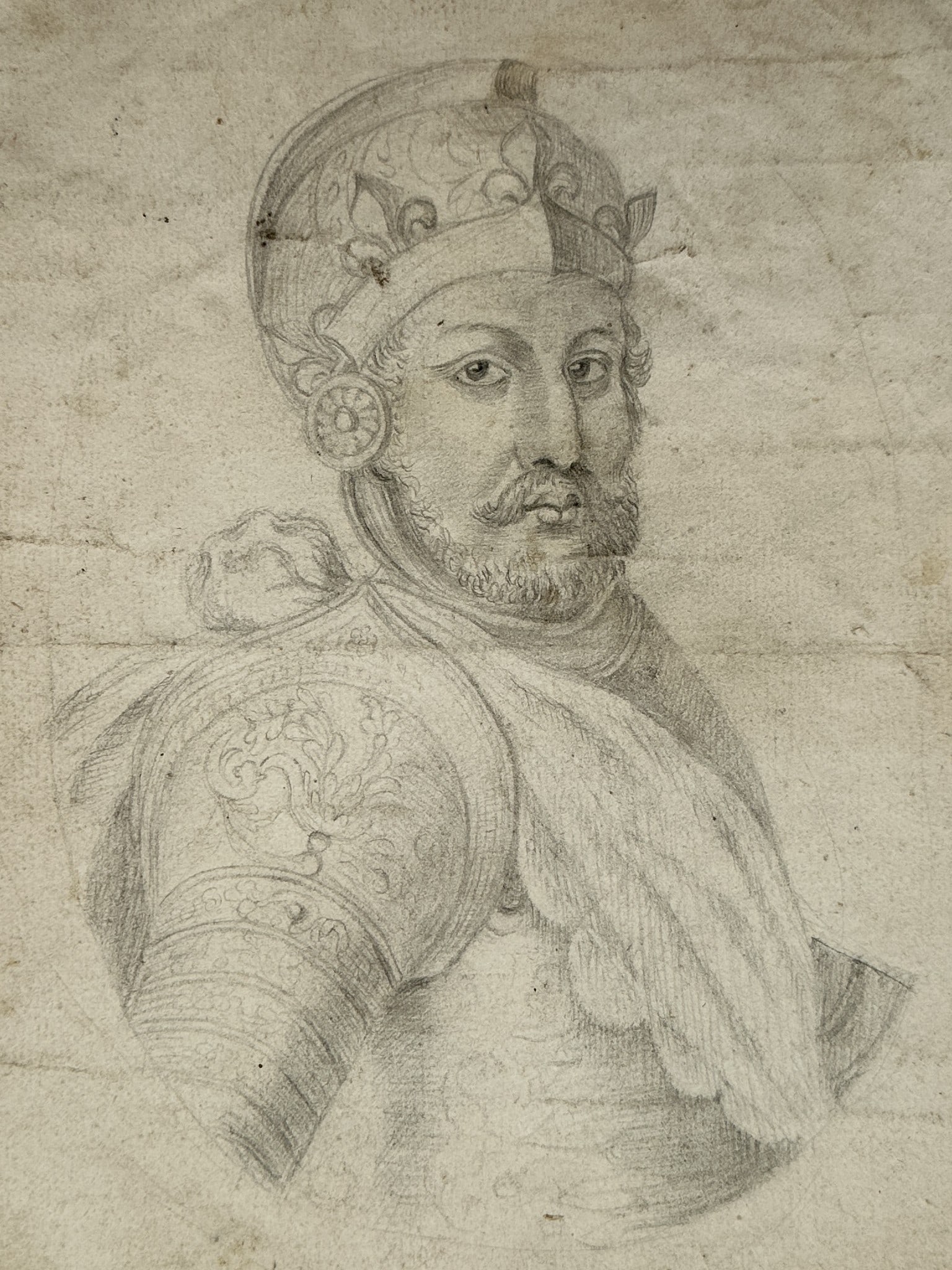 Unknown Artist – Portrait of a Nobleman in Armor – Old Master Drawing (17th Century): "Portrait of a Nobleman in Armor" This classical bust portrait captures a sovereign ruler or decorated military commander gazing outward in a three-quarter turn profile view. The composition highlight