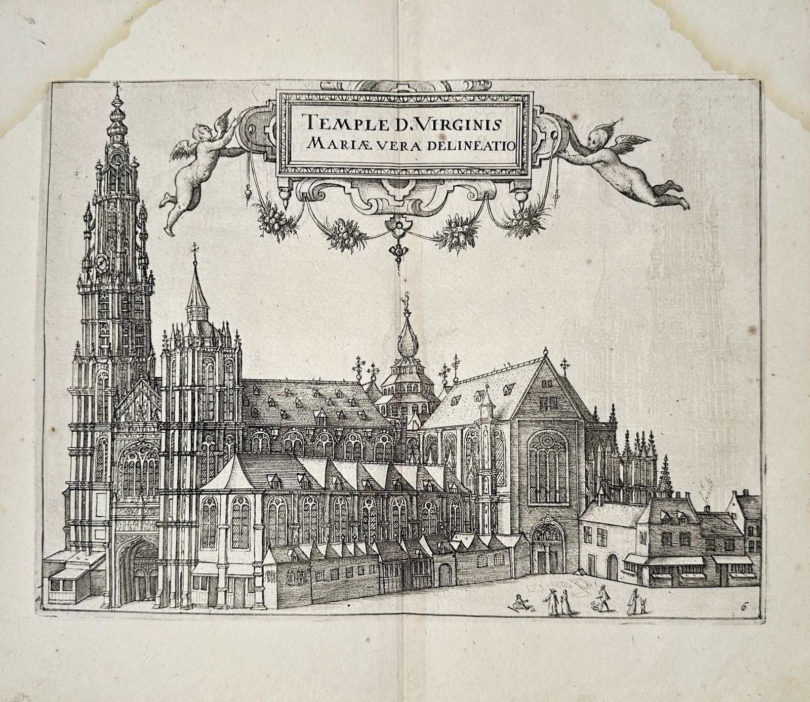 Pieter van der Borcht – True Delineation of the Temple of the Virgin Mary: "Templi D. Virginis Mariae Vera Delineatio" This architectural print illustrates the detailed exterior layout of the Cathedral of Our Lady in Antwerp, highlighting its immense Gothic spire, transepts,